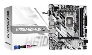 Mainboard ASROCK Intel H610 LGA1700 Micro-ATX Memory DDR5 Memory slots 2 1xPCI-Express 3.0 1x 1xPCI-Express 4.0 16x 1xM.2 1x15pin D-sub 1xHDMI 1xDisplayPort 1xAudio-In 1xAudio-Out 1xMicrophone 4xUSB 2.0 1xUSB 3.2 1xUSB-C 1xPS/2 1xRJ45 H610M-HDV/M.2+D5