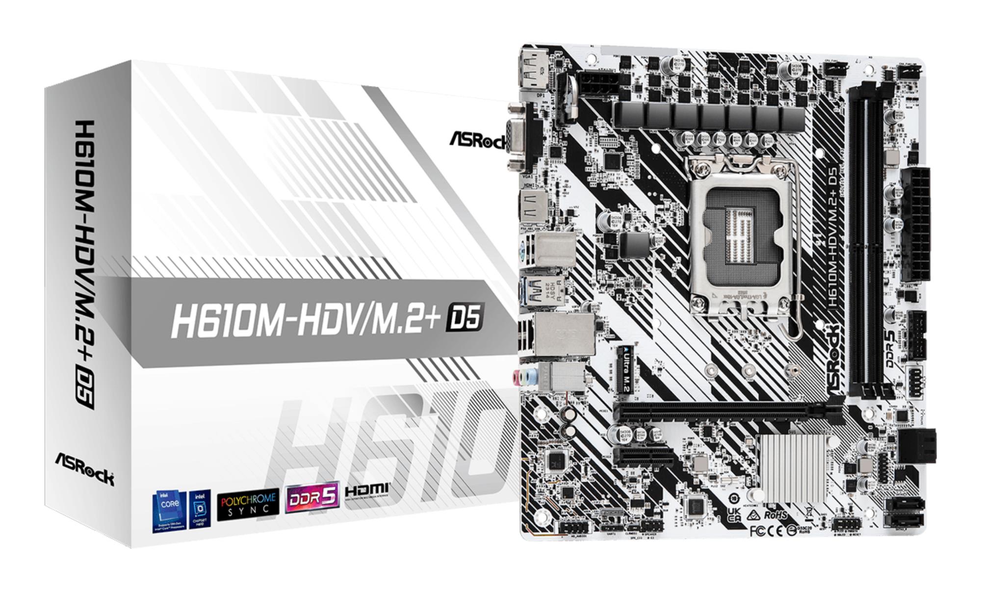 Mainboard ASROCK Intel H610 LGA1700 Micro-ATX Memory DDR5 Memory slots 2 1xPCI-Express 3.0 1x 1xPCI-Express 4.0 16x 1xM.2 1x15pin D-sub 1xHDMI 1xDisplayPort 1xAudio-In 1xAudio-Out 1xMicrophone 4xUSB 2.0 1xUSB 3.2 1xUSB-C 1xPS/2 1xRJ45 H610M-HDV/M.2+D5