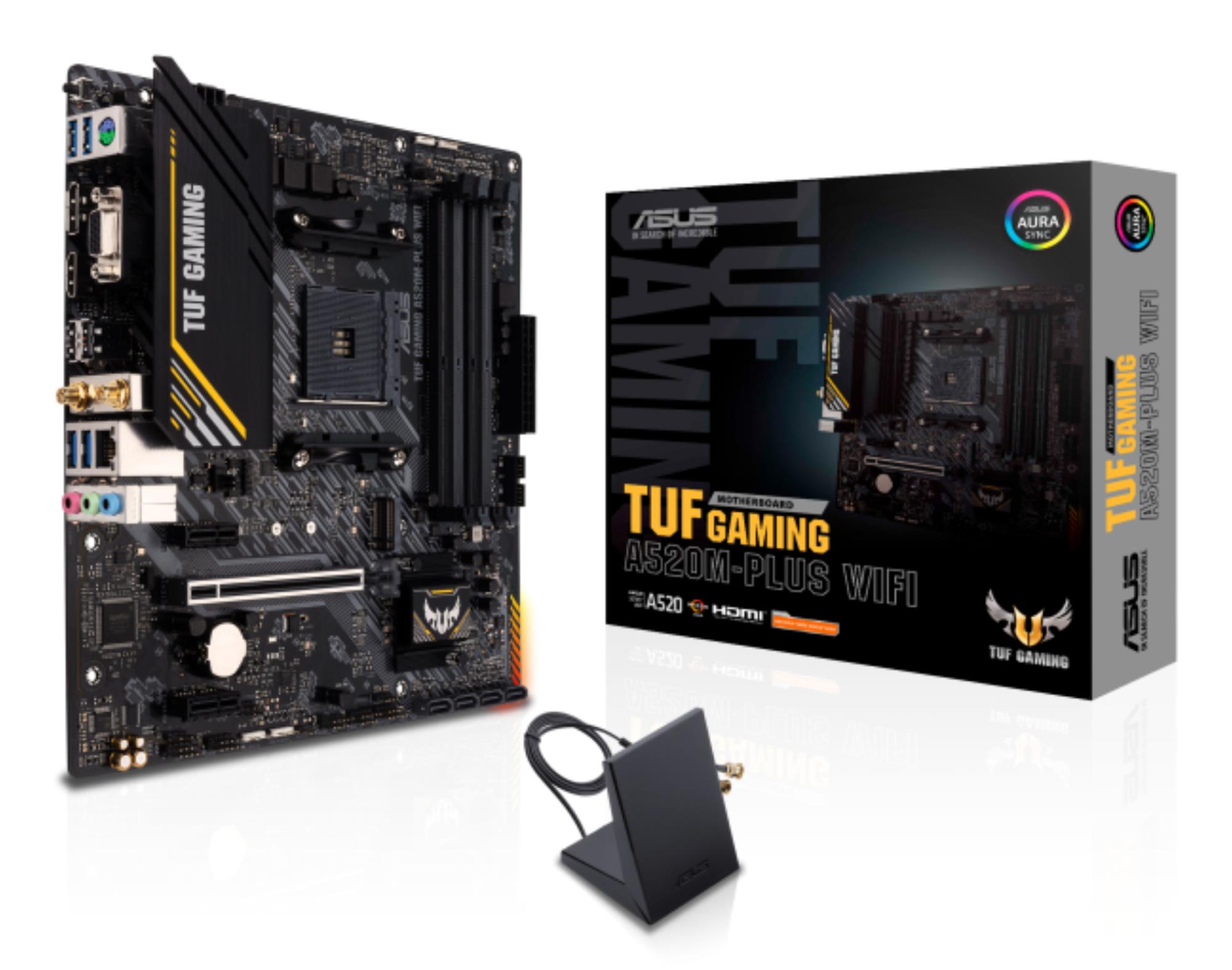 Mainboard ASUS AMD A520 SAM4 Micro-ATX Memory DDR4 Memory slots 4 2xPCI-Express 3.0 1x 1xPCI-Express 3.0 16x 1xM.2 1x15pin D-sub 1xHDMI 1xDisplayPort 2xUSB 2.0 4xUSB 3.2 1xPS/2 1xRJ45 3xAudio port TUFGAMA520M-PLUSWIFI