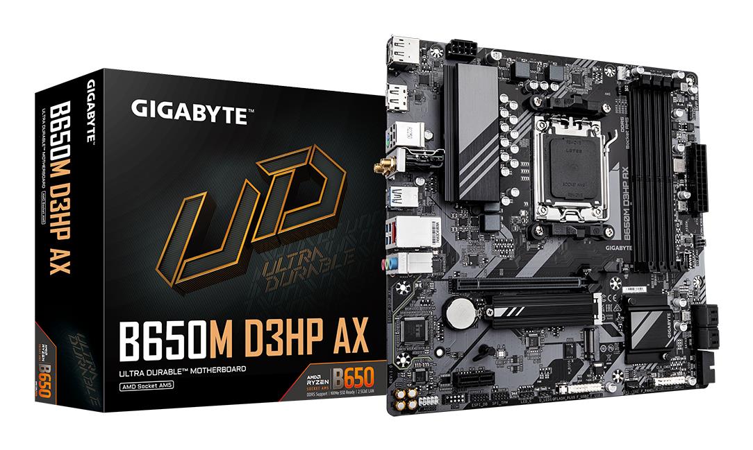 Mainboard GIGABYTE AMD B650 Socket AM5 micro ATX RAM DDR5-SDRAM 4xSlots Wi-Fi Yes Bluetooth Yes 2xNumber of M.2 (M) slots B650M D3HP AX 1.3 B650MD3HPAX1.3