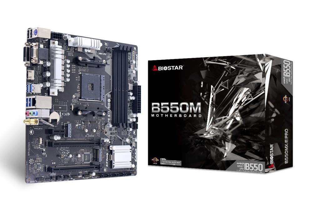 Mainboard BIOSTAR AMD B550 SAM4 MicroATX Memory DDR4 Memory slots 4 1xPCI-Express 3.0 1x 1xPCI-Express 3.0 16x 1xPCI-Express 4.0 16x 2xM.2 1x15pin D-sub 1xDVI-D 1xHDMI 2xUSB 2.0 4xUSB 3.2 1xPS/2 1xRJ45 3xAudio port B550MX/EPRO