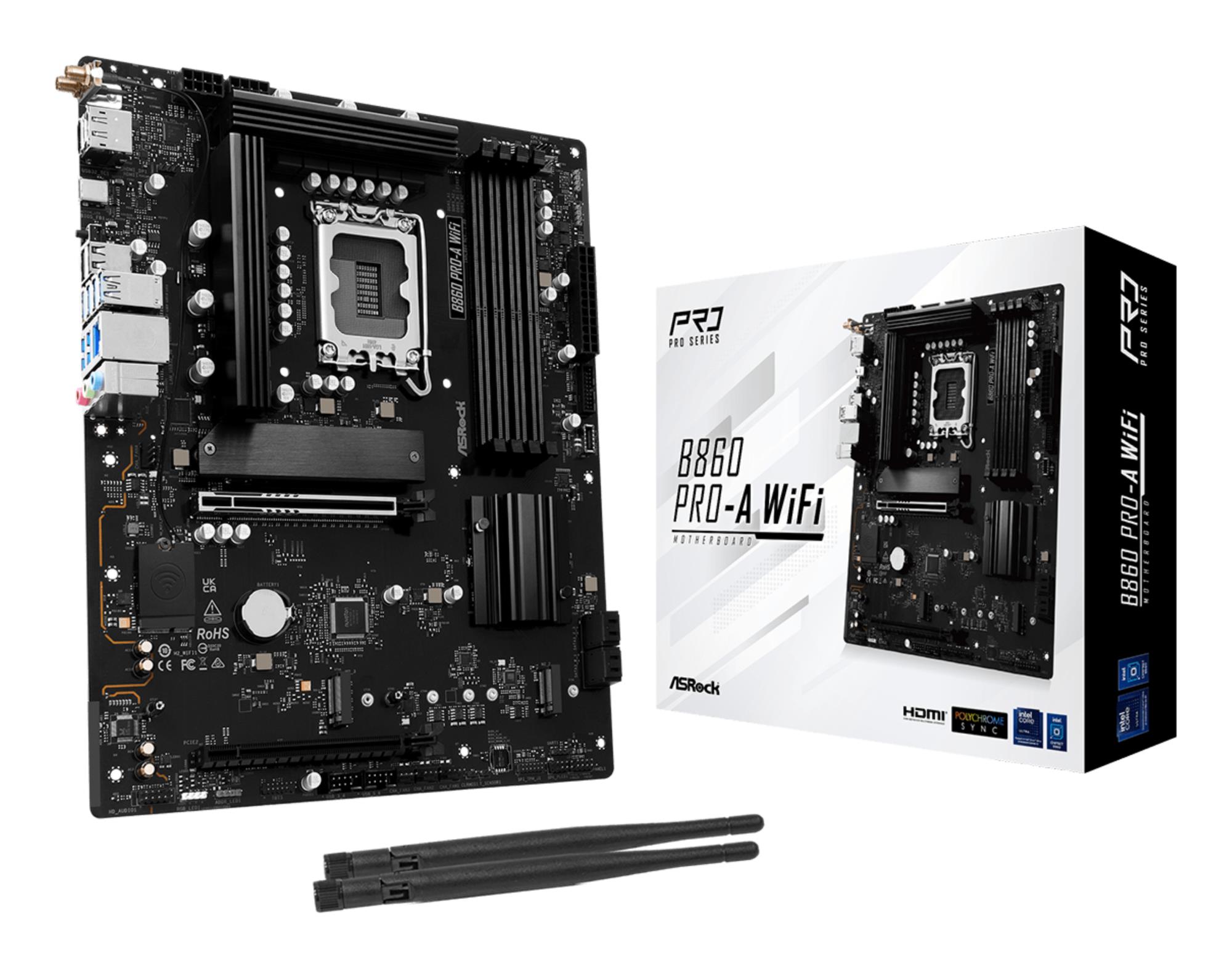 Mainboard ASROCK Intel B860 Express LGA1851 ATX Memory DDR5 Memory slots 4 1xPCI-Express 4.0 16x 1xPCI-Express 5.0 16x 1xM.2 1xHDMI 1xDisplayPort 1xAudio-In 1xAudio-Out 1xMicrophone 2xUSB 2.0 6xUSB 3.2 1xUSB-C 1xRJ45 B860PRO-AWIFI