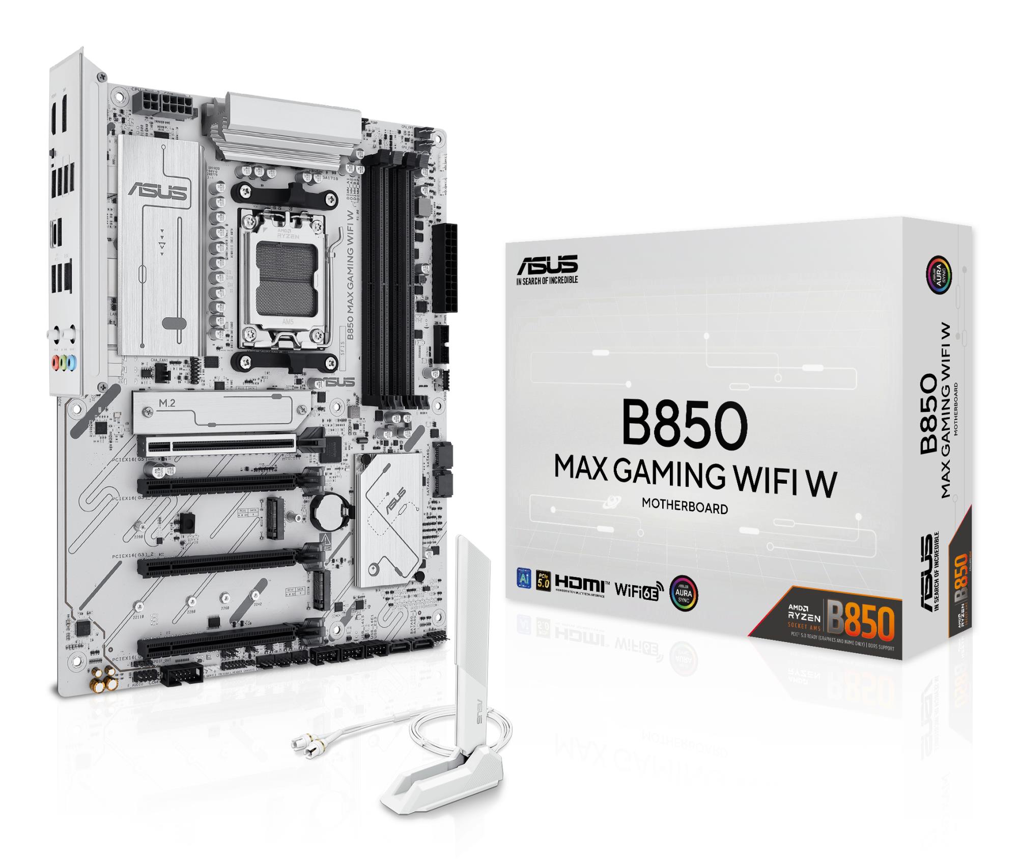 Mainboard ASUS AMD B850 SAM5 ATX Memory DDR5 Memory slots 4 2xPCI-Express 3.0 16x 1xPCI-Express 4.0 16x 1xPCI-Express 5.0 16x 3xM.2 1xHDMI 1xDisplayPort 2xUSB 2.0 5xUSB 3.2 1xUSB-C 1xRJ45 3xAudio port B850MAXGAMINGWIFIW