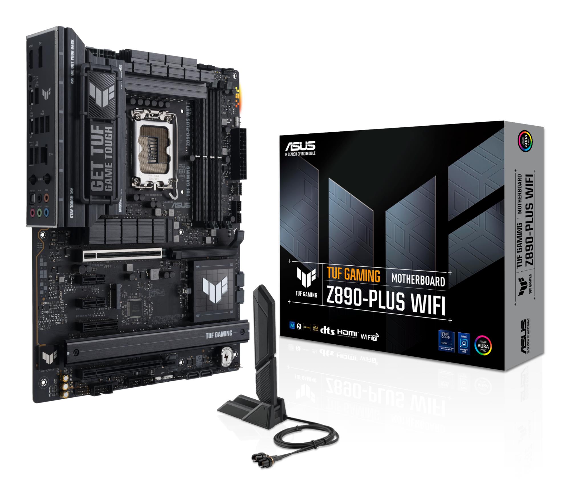Mainboard ASUS Intel Z890 LGA1851 ATX Memory DDR5 Memory slots 4 2xPCI-Express 4.0 1x 1xPCI-Express 4.0 4x 1xPCI-Express 4.0 16x 1xPCI-Express 5.0 16x 4xM.2 1xHDMI 1xDisplayPort 3xUSB 3.0 3xUSB 3.1 1xUSB-C 1xUSB-C w/Thunderbolt 1xOptical S/PDIF 1xRJ45 5xAudio port TUFGAMINGZ890-PLUSWIFI