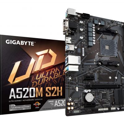 Mainboard GIGABYTE AMD A520 SAM4 Micro-ATX Memory DDR4 Memory slots 2 2xPCI-Express 3.0 1x 1xPCI-Express 3.0 16x 1xM.2 1x15pin D-sub 1xDVI-D 1xHDMI 2xAV-In 1xAV-out 2xUSB 2.0 4xUSB 3.2 1xPS/2 1xRJ45 A520MS2H1.3