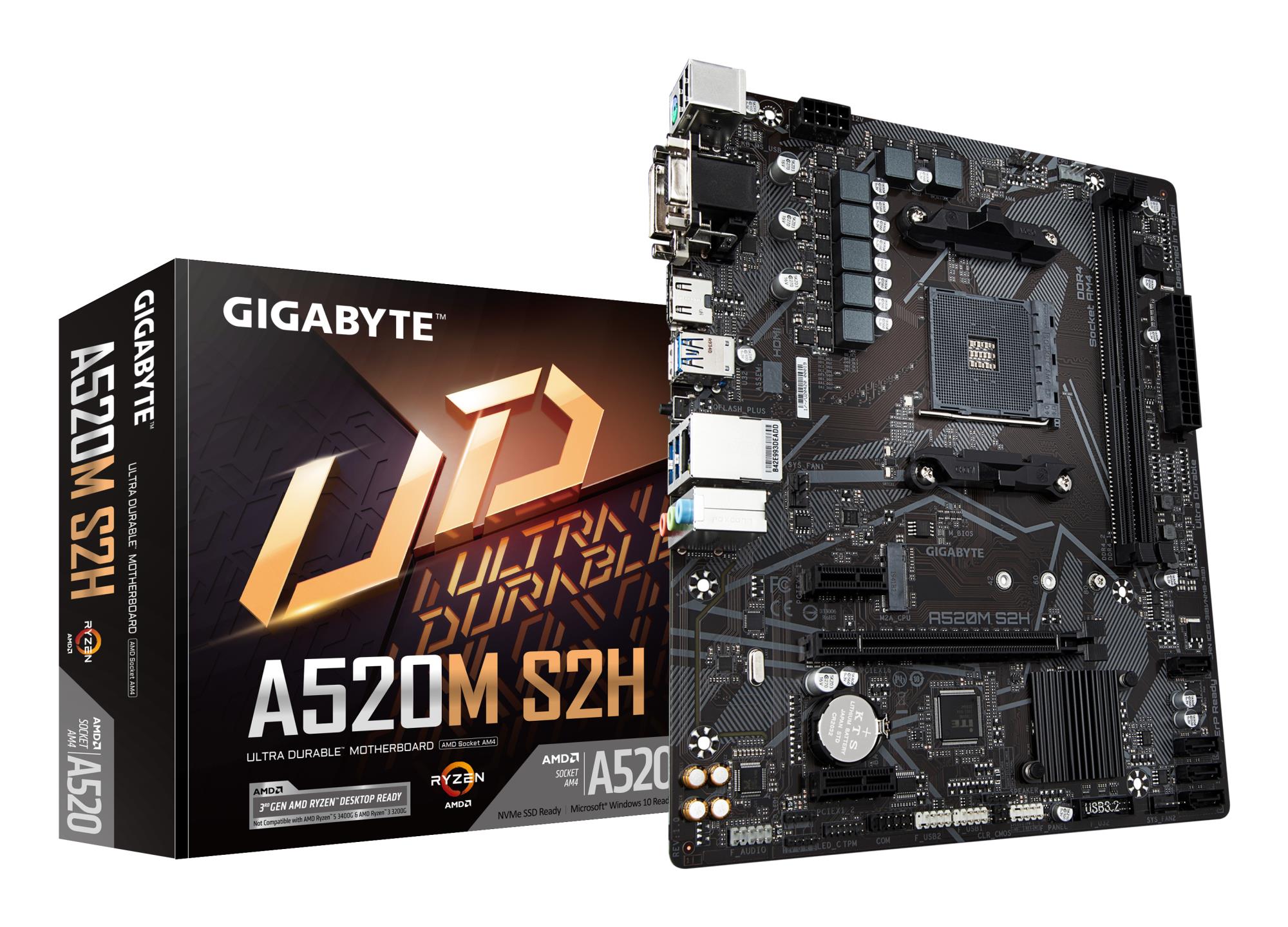 Mainboard GIGABYTE AMD A520 SAM4 Micro-ATX Memory DDR4 Memory slots 2 2xPCI-Express 3.0 1x 1xPCI-Express 3.0 16x 1xM.2 1x15pin D-sub 1xDVI-D 1xHDMI 2xAV-In 1xAV-out 2xUSB 2.0 4xUSB 3.2 1xPS/2 1xRJ45 A520MS2H1.3