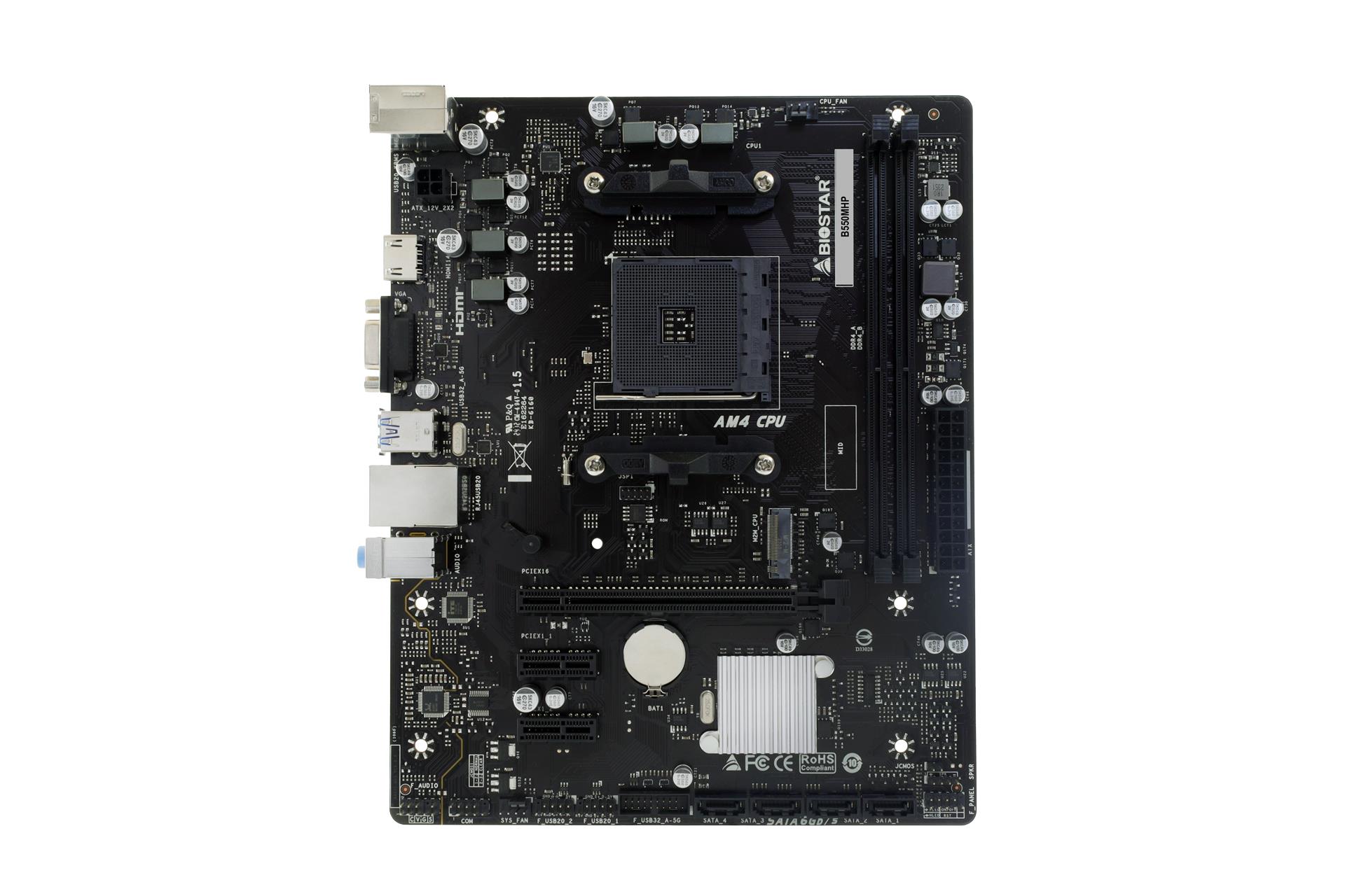 Mainboard BIOSTAR AMD B550 SAM4 Micro-ATX Memory DDR4 Memory slots 2 2xPCI-Express 3.0 1x 1xPCI-Express 3.0 16x 1xPCI-Express 4.0 16x 1xM.2 1x15pin D-sub 1xHDMI 8xUSB 2.0 4xUSB 3.2 1xPS/2 1xRJ45 3xAudio port B550MHP