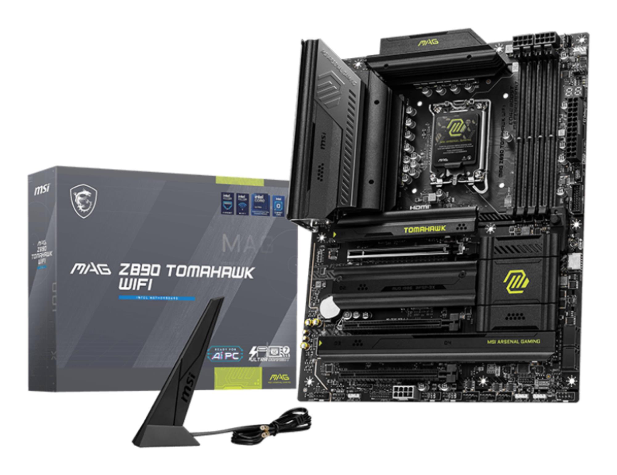 Mainboard MSI Intel Z890 LGA1851 ATX Memory DDR5 Memory slots 4 2xPCI-Express 4.0 4x 1xPCI-Express 5.0 16x 4xM.2 1xHDMI 4xUSB 2.0 3xUSB 3.2 1xUSB-C 2xUSB-C w/Thunderbolt 1xOptical S/PDIF 1xRJ45 2xAudio port MAGZ890TOMAHAWKWIFI