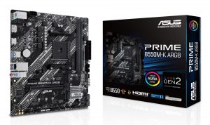 Mainboard ASUS AMD B550 SAM4 Micro-ATX Memory DDR4 Memory slots 2 1xPCI-Express 3.0 1x 1xPCI-Express 3.0 16x 1xPCI-Express 4.0 16x 1xM.2 1xHDMI 1xDisplayPort 1xAudio-In 1xAudio-Out 1xMicrophone 2xUSB 2.0 4xUSB 3.2 1xPS/2 1xRJ45 PRIMEB550M-KARGB