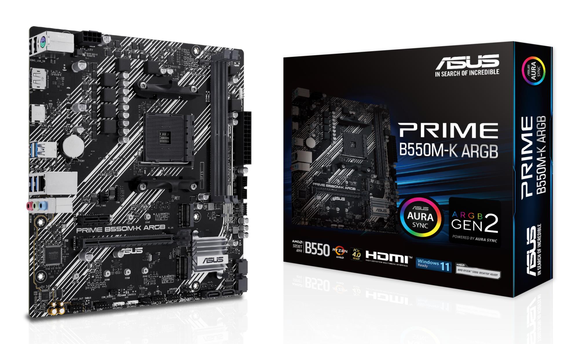 Mainboard ASUS AMD B550 SAM4 Micro-ATX Memory DDR4 Memory slots 2 1xPCI-Express 3.0 1x 1xPCI-Express 3.0 16x 1xPCI-Express 4.0 16x 1xM.2 1xHDMI 1xDisplayPort 1xAudio-In 1xAudio-Out 1xMicrophone 2xUSB 2.0 4xUSB 3.2 1xPS/2 1xRJ45 PRIMEB550M-KARGB