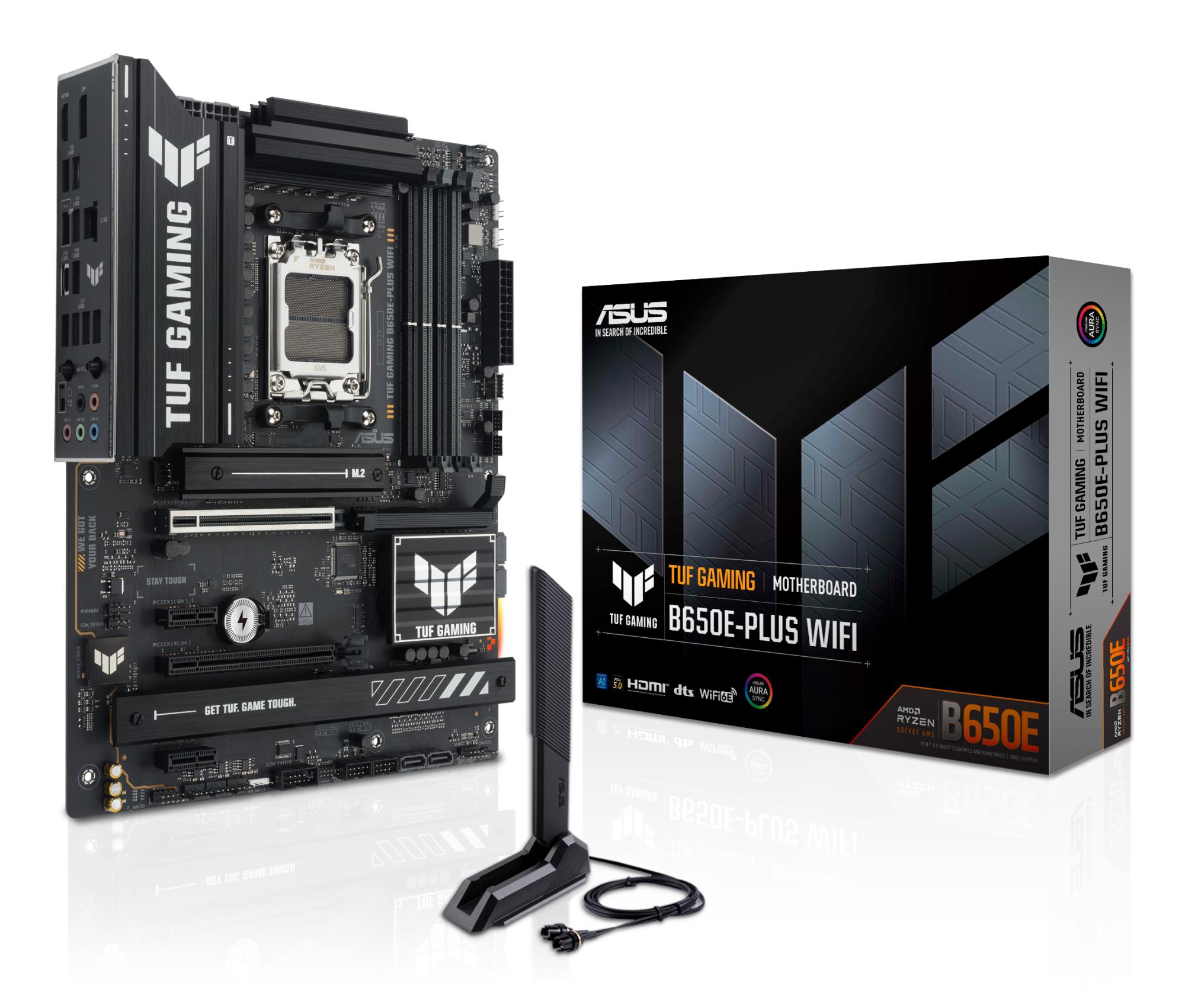 Mainboard ASUS AMD B650 SAM5 ATX Memory DDR5 Memory slots 4 1xPCI-Express 4.0 1x 1xPCI-Express 4.0 16x 1xPCI-Express 5.0 16x 3xM.2 1xHDMI 1xDisplayPort 6xUSB 2.0 3xUSB 3.2 1xUSB-C 1xRJ45 3xAudio port TUFGAMINGB650EPLUSWIFI