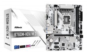 Mainboard ASROCK Intel B760 Express LGA1700 Micro-ATX Memory DDR5 Memory slots 2 2xPCI-Express 3.0 1x 1xPCI-Express 4.0 16x 1xM.2 1x15pin D-sub 1xHDMI 1xDisplayPort 1xAV-In 1xAV-out 1xMicrophone 2xUSB 2.0 3xUSB 3.2 1xUSB-C 1xRJ45 B760M-HDV/M.2