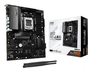 Mainboard ASROCK AMD B850 SAM5 ATX Memory DDR5 Memory slots 4 1xPCI-Express 4.0 16x 1xPCI-Express 5.0 16x 1xM.2 1xHDMI 1xAudio-In 1xAudio-Out 1xMicrophone 6xUSB 2.0 4xUSB 3.2 1xUSB-C 1xRJ45 B850PRO-AWIFI