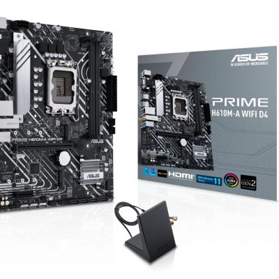 Mainboard ASUS Intel H610 LGA1700 Micro-ATX Memory DDR4 Memory slots 2 1xPCI-Express 3.0 1x 1xPCI-Express 4.0 16x 2xM.2 1x15pin D-sub 1xHDMI 1xDisplayPort 2xAudio-In 1xAudio-Out 4xUSB 2.0 2xUSB 3.2 2xPS/2 1xRJ45 2xRF-Out H610M-AWIFID4