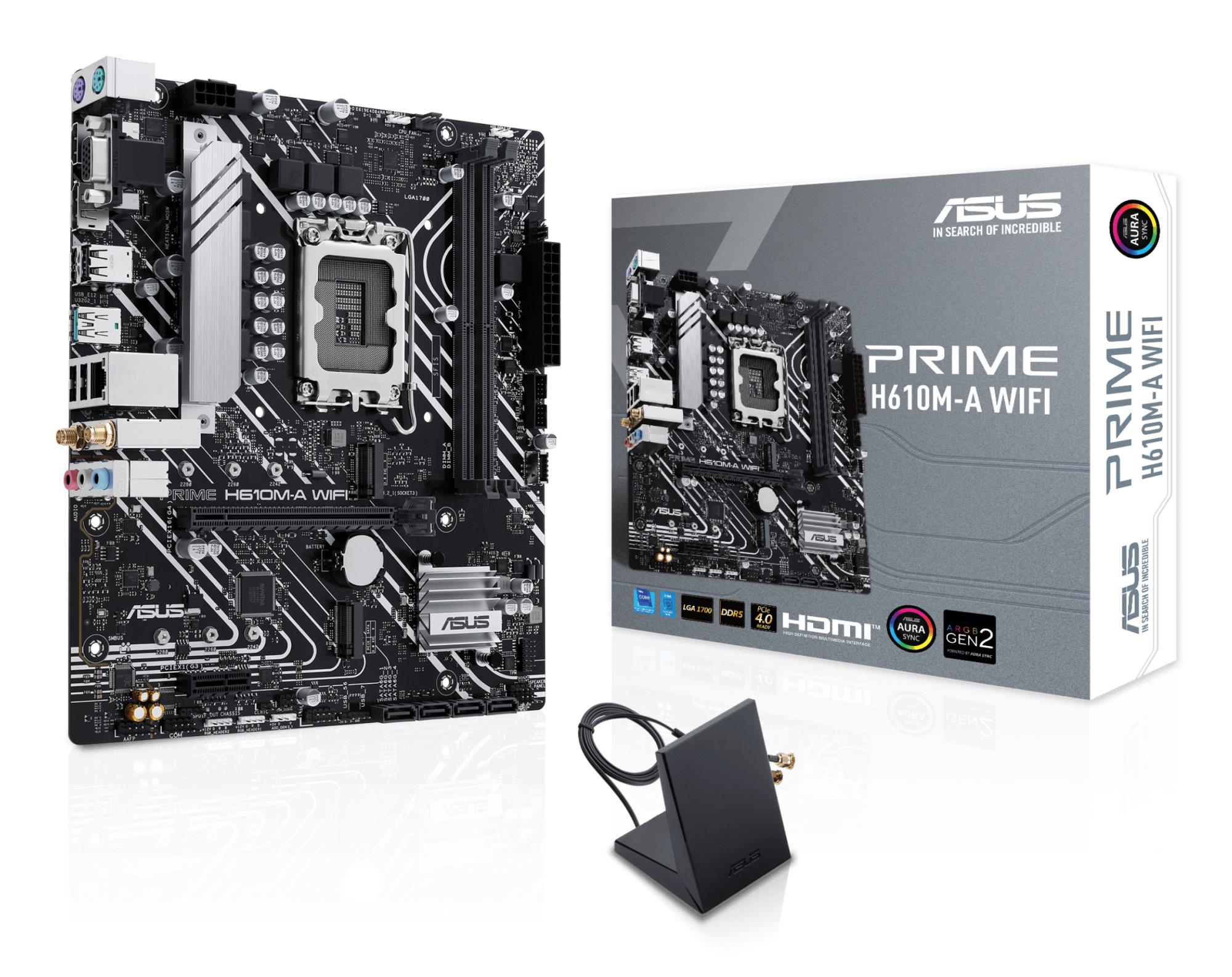 Mainboard ASUS Intel H610 LGA 1700 micro ATX RAM DDR5-SDRAM 2xSlots Wi-Fi Yes Bluetooth Yes 2xNumber of M.2 (M) slots PRIMEH610M-AWIFI