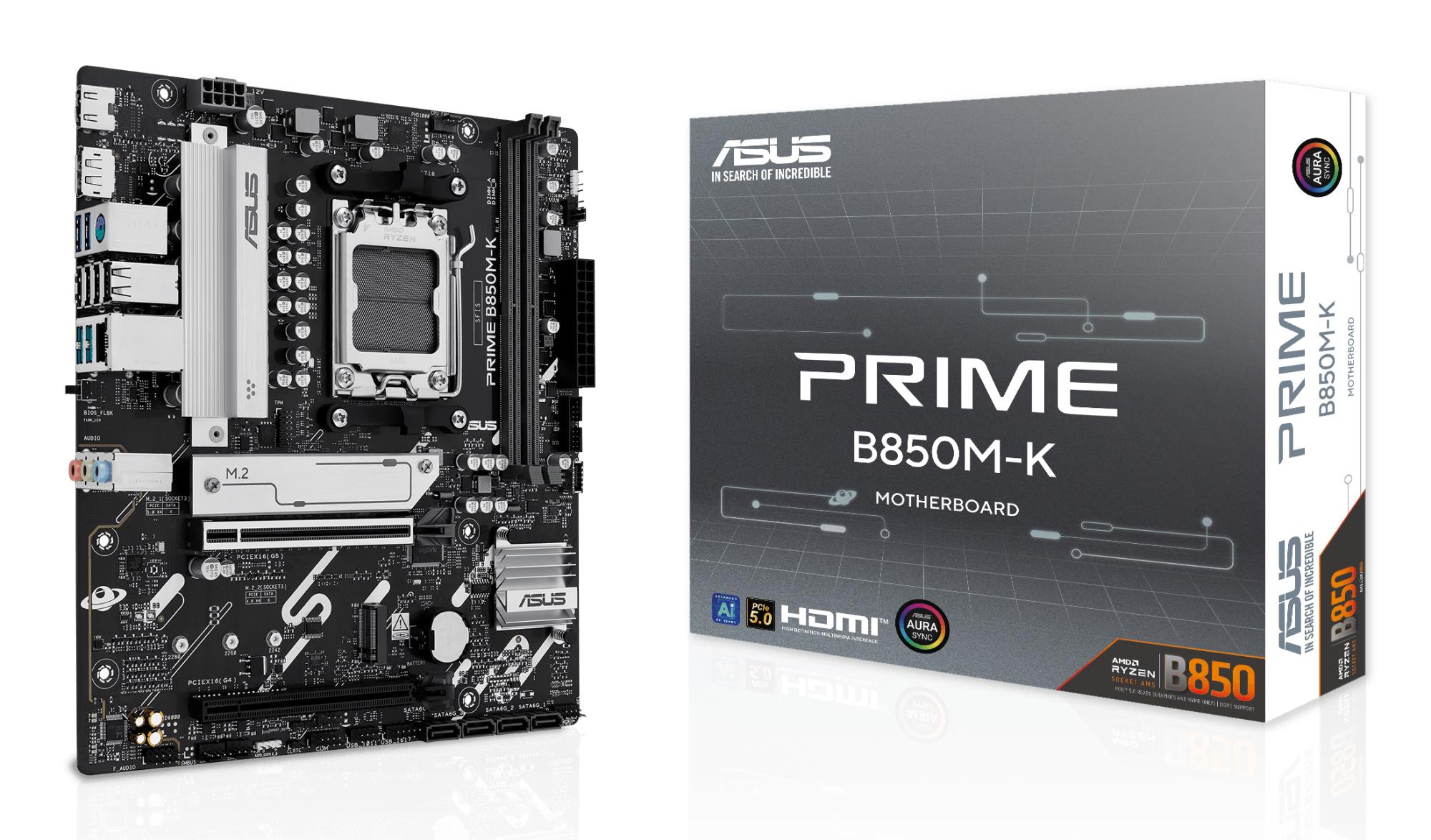 Mainboard ASUS AMD B850 SAM5 Micro-ATX Memory DDR5 Memory slots 2 1xPCI-Express 4.0 16x 1xPCI-Express 5.0 16x 2xM.2 1xHDMI 1xDisplayPort 4xUSB 2.0 4xUSB 3.2 1xPS/2 3xAudio port PRIMEB850M-K