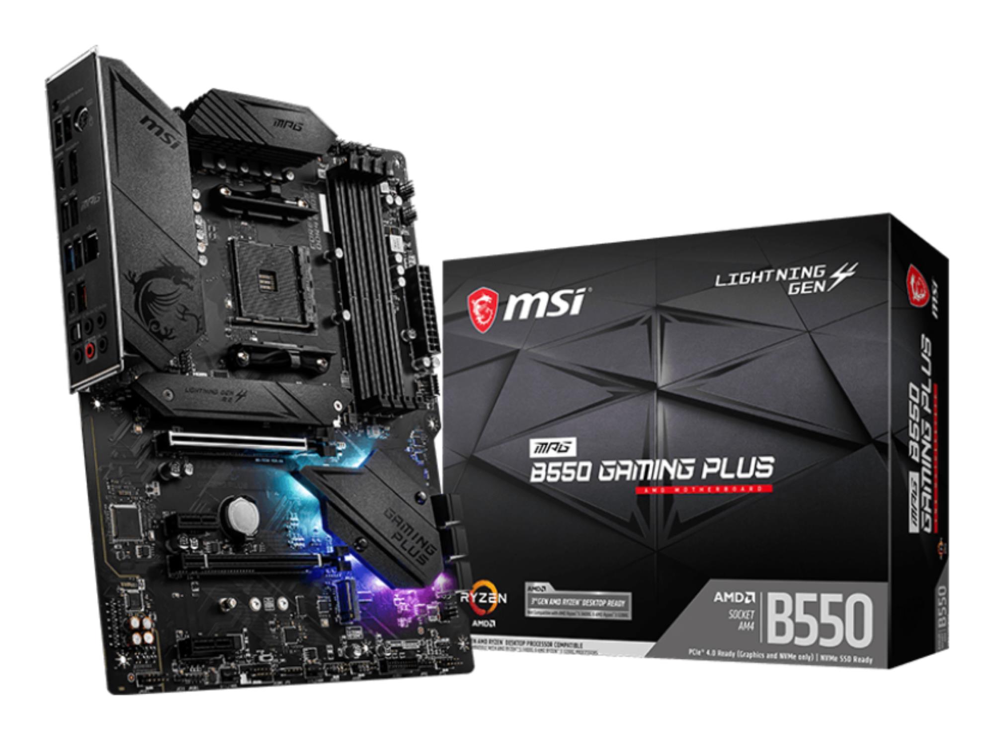 Mainboard MSI AMD B550 SAM4 ATX 2xPCI-Express 3.0 1x 1xPCI-Express 3.0 4x 2xM.2 1xPCI-Express 4.0 1x Memory DDR4 Memory slots 4 1xHDMI 1xDisplayPort 2xAudio-In 3xAudio-Out 4xUSB 2.0 1xUSB type C 3xUSB 3.2 1xPS/2 1xOptical S/PDIF 1xRJ45 MPGB550GAMINGPLUS