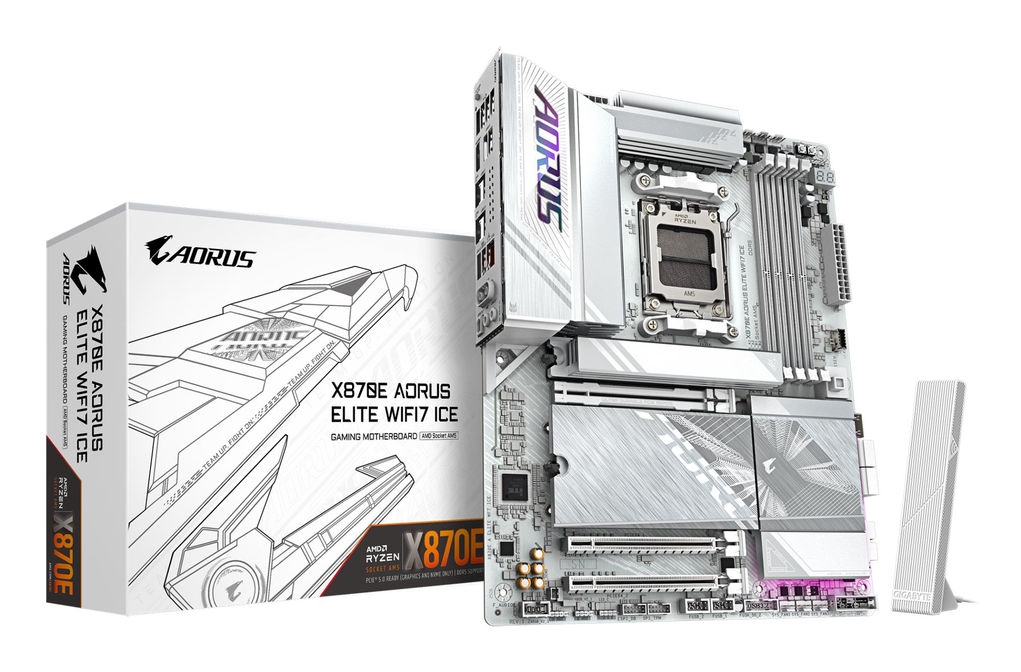 Mainboard GIGABYTE AMD X870E Socket AM5 ATX RAM DDR5-SDRAM 4xSlots Wi-Fi Yes Bluetooth Yes 4xNumber of M.2 (M) slots X870 AORUS ELITE WIFI7 ICE X870EAELITEWF7ICE1.2