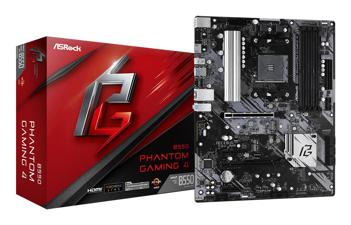 Mainboard ASROCK AMD B550 SAM4 ATX 2xPCI-Express 3.0 1x 1xPCI-Express 3.0 4x 2xM.2 1xPCI-Express 4.0 16x Memory DDR4 Memory slots 4 1xHDMI 2xAudio-In 1xAudio-Out 6xUSB 3.2 1xPS/2 1xRJ45 B550PHANTOMGAMING4