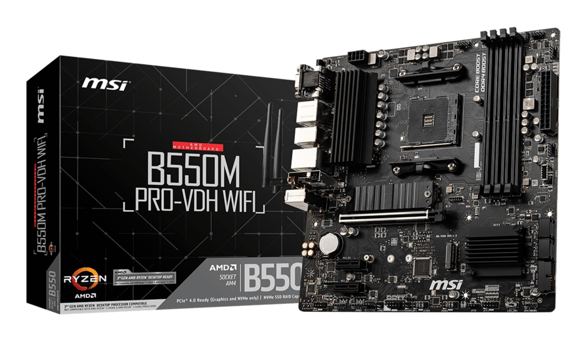 Mainboard MSI AMD B550 SAM4 MicroATX 2xPCI-Express 3.0 1x 2xM.2 1xPCI-Express 4.0 16x Memory DDR4 Memory slots 4 1x15pin D-sub 1xHDMI 1xDisplayPort 2xUSB 2.0 4xUSB 3.2 1xPS/2 1xRJ45 3xAudio port B550MPRO-VDHWIFI