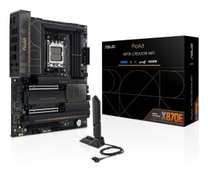 Mainboard ASUS AMD X870E SAM5 ATX Memory DDR5 Memory slots 4 3xPCI-Express 4.0 16x 2xPCI-Express 5.0 16x 4xM.2 1xHDMI 1xDisplayPort 1xUSB 2.0 7xUSB 3.2 3xUSB-C 1xRJ45 3xAudio port PROARTX870E-CREATORWIFI