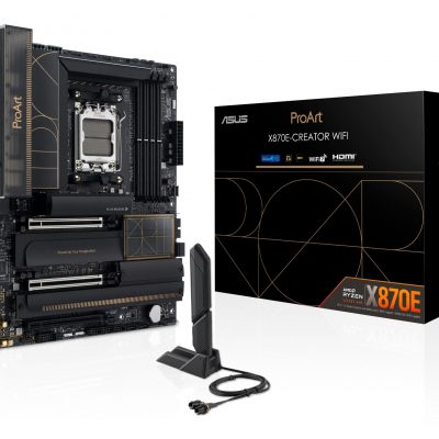 Mainboard ASUS AMD X870E SAM5 ATX Memory DDR5 Memory slots 4 3xPCI-Express 4.0 16x 2xPCI-Express 5.0 16x 4xM.2 1xHDMI 1xDisplayPort 1xUSB 2.0 7xUSB 3.2 3xUSB-C 1xRJ45 3xAudio port PROARTX870E-CREATORWIFI