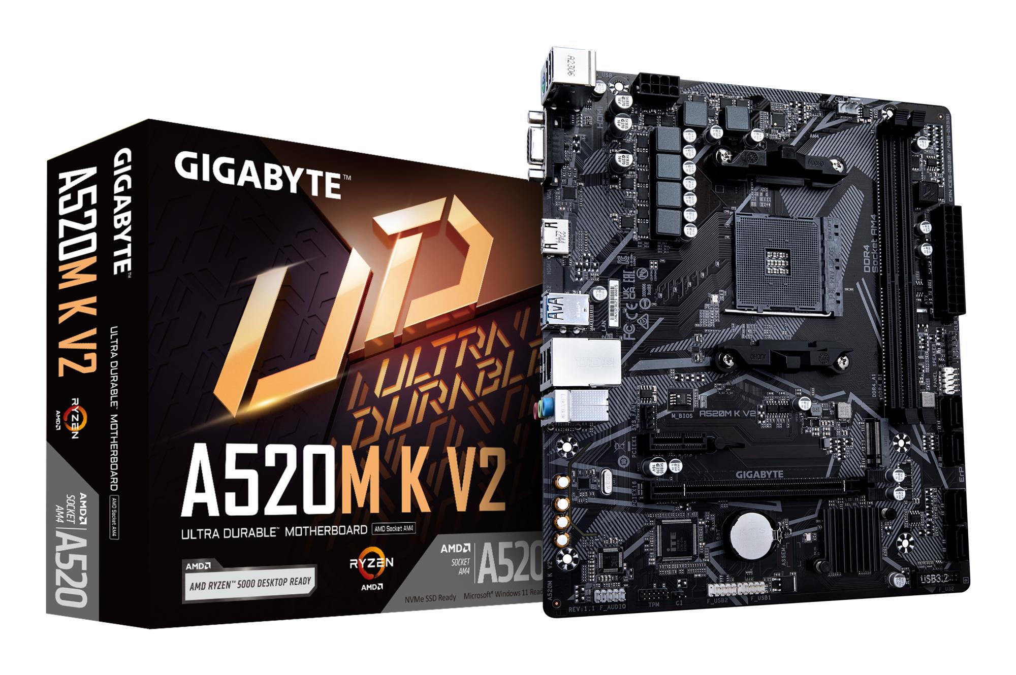 Mainboard GIGABYTE AMD A520 SAM4 Micro-ATX Memory DDR4 Memory slots 2 1xPCI-Express 3.0 1x 1xPCI-Express 3.0 16x 1xM.2 1x15pin D-sub 1xHDMI 2xUSB 2.0 4xUSB 3.2 1xPS/2 1xRJ45 3xAudio port A520MKV21.1