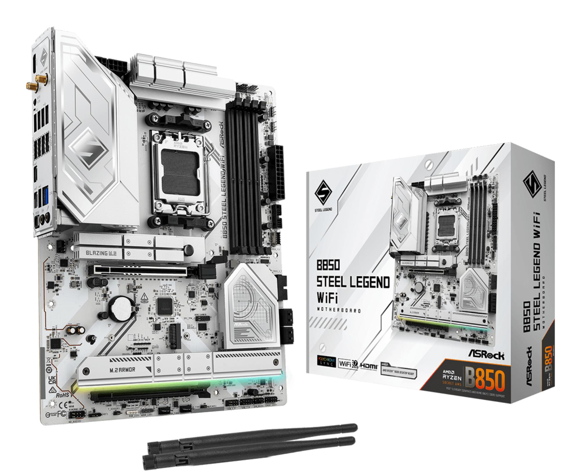 Mainboard ASROCK AMD B850 SAM5 ATX Memory DDR5 Memory slots 4 1xPCI-Express 4.0 16x 1xPCI-Express 5.0 16x 1xM.2 1xHDMI 1xAudio-In 1xAudio-Out 4xUSB 2.0 5xUSB 3.2 2xUSB-C 1xOptical S/PDIF 1xRJ45 B850STEELLEGENDWIFI