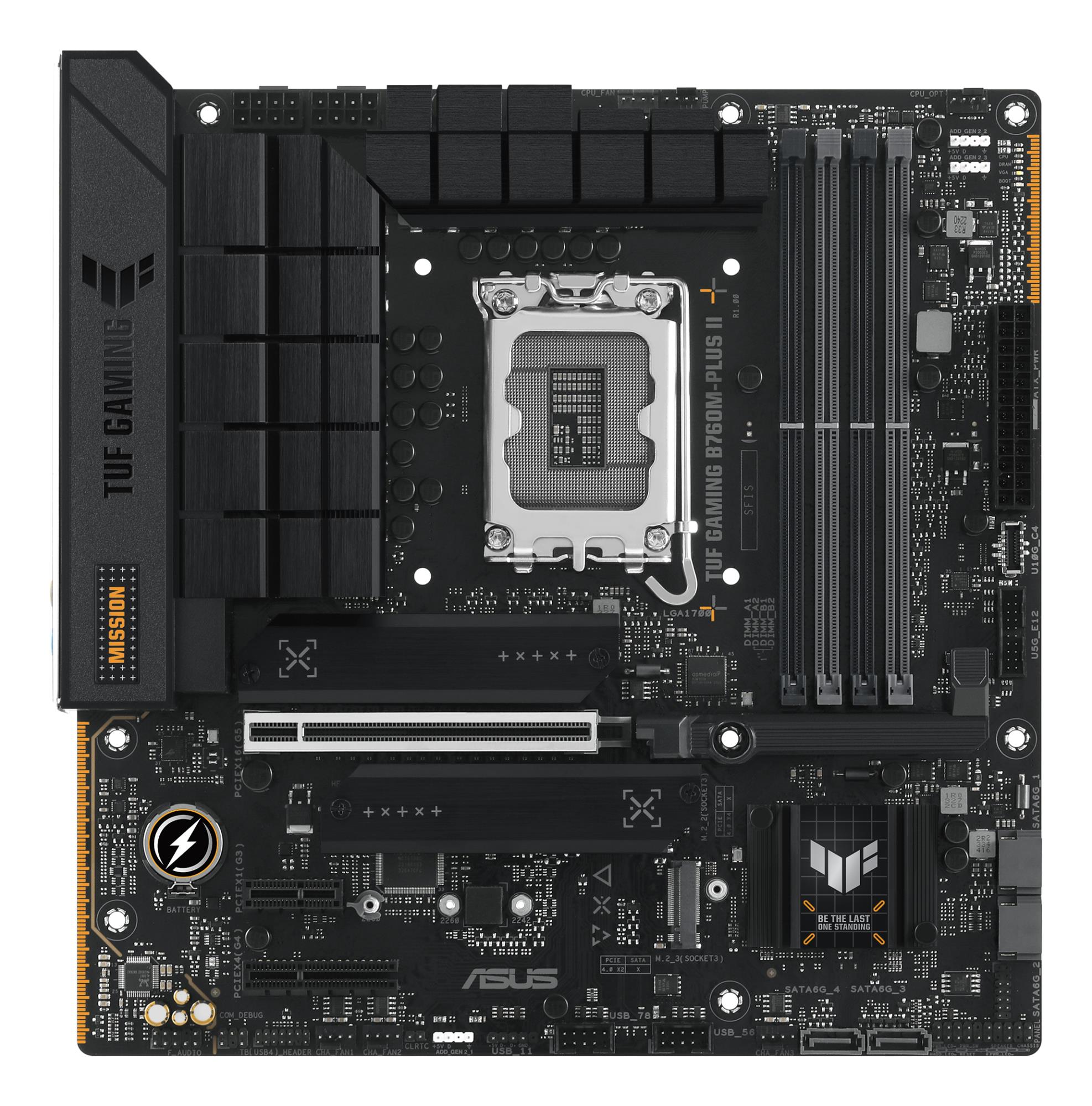 Mainboard ASUS Intel B760 Express LGA1700 Micro-ATX Memory slots 4 1xPCI-Express 3.0 1x 1xPCI-Express 4.0 4x 1xPCI-Express 5.0 16x 3xM.2 1xHDMI 1xDisplayPort 4xUSB 2.0 3xUSB 3.2 1xUSB-C 1xOptical S/PDIF 1xRJ45 5xAudio port TUFGAMINGB760M-PLUSII