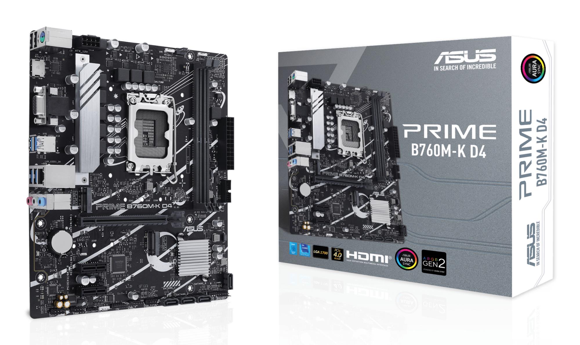 Mainboard ASUS Intel B760 Express LGA1700 Micro-ATX Memory DDR4 Memory slots 2 2xPCI-Express 4.0 1x 1xPCI-Express 4.0 16x 2xM.2 1x15pin D-sub 1xHDMI 2xUSB 2.0 4xUSB 3.2 1xPS/2 1xRJ45 3xAudio port PRIMEB760M-KD4