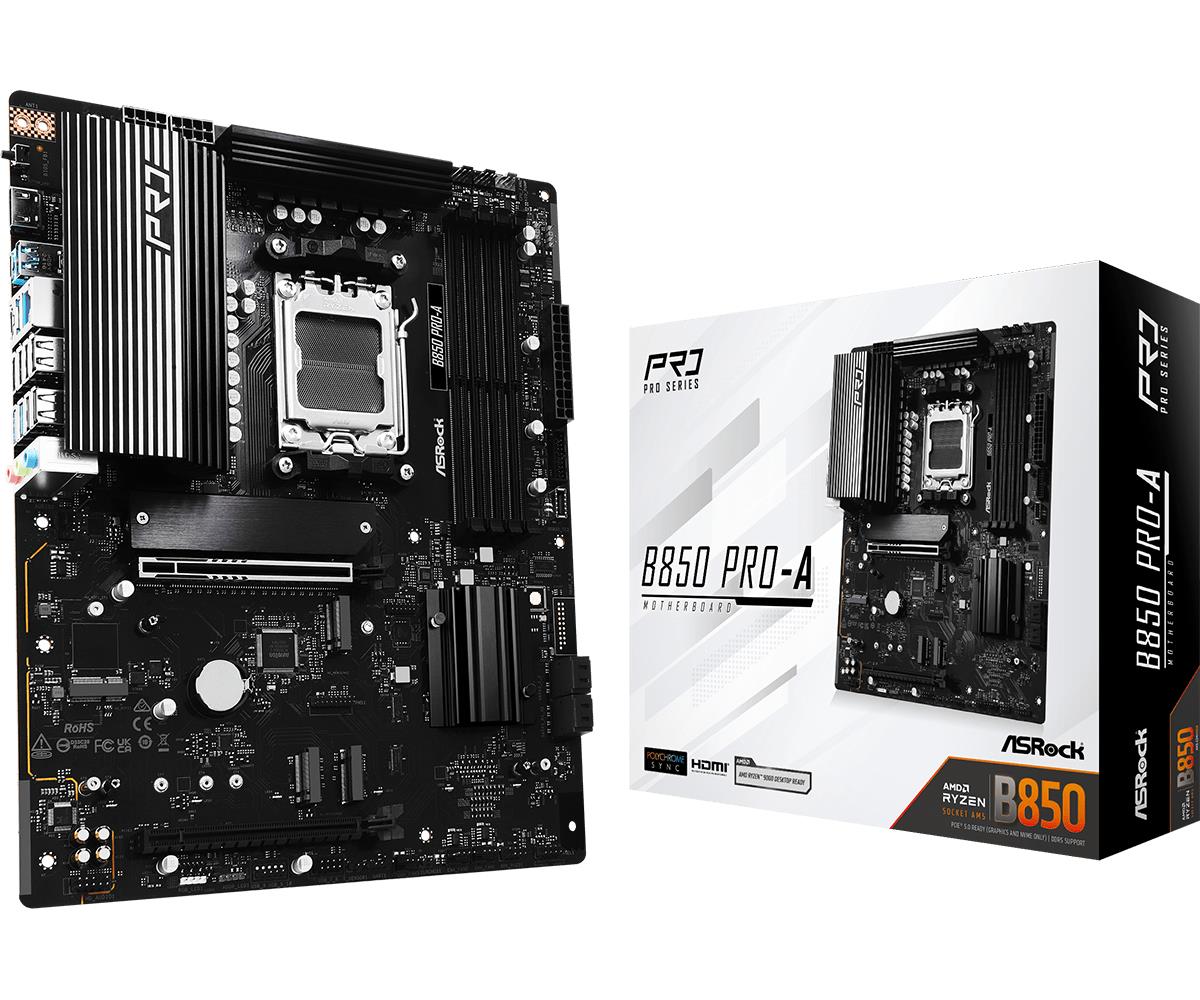 Mainboard ASROCK AMD B850 SAM5 ATX Memory DDR5 Memory slots 4 1xPCI-Express 4.0 16x 1xPCI-Express 5.0 16x 1xM.2 1xHDMI 1xAudio-In 1xAudio-Out 1xMicrophone 6xUSB 2.0 4xUSB 3.2 2xUSB-C 1xRJ45 B850PRO-A