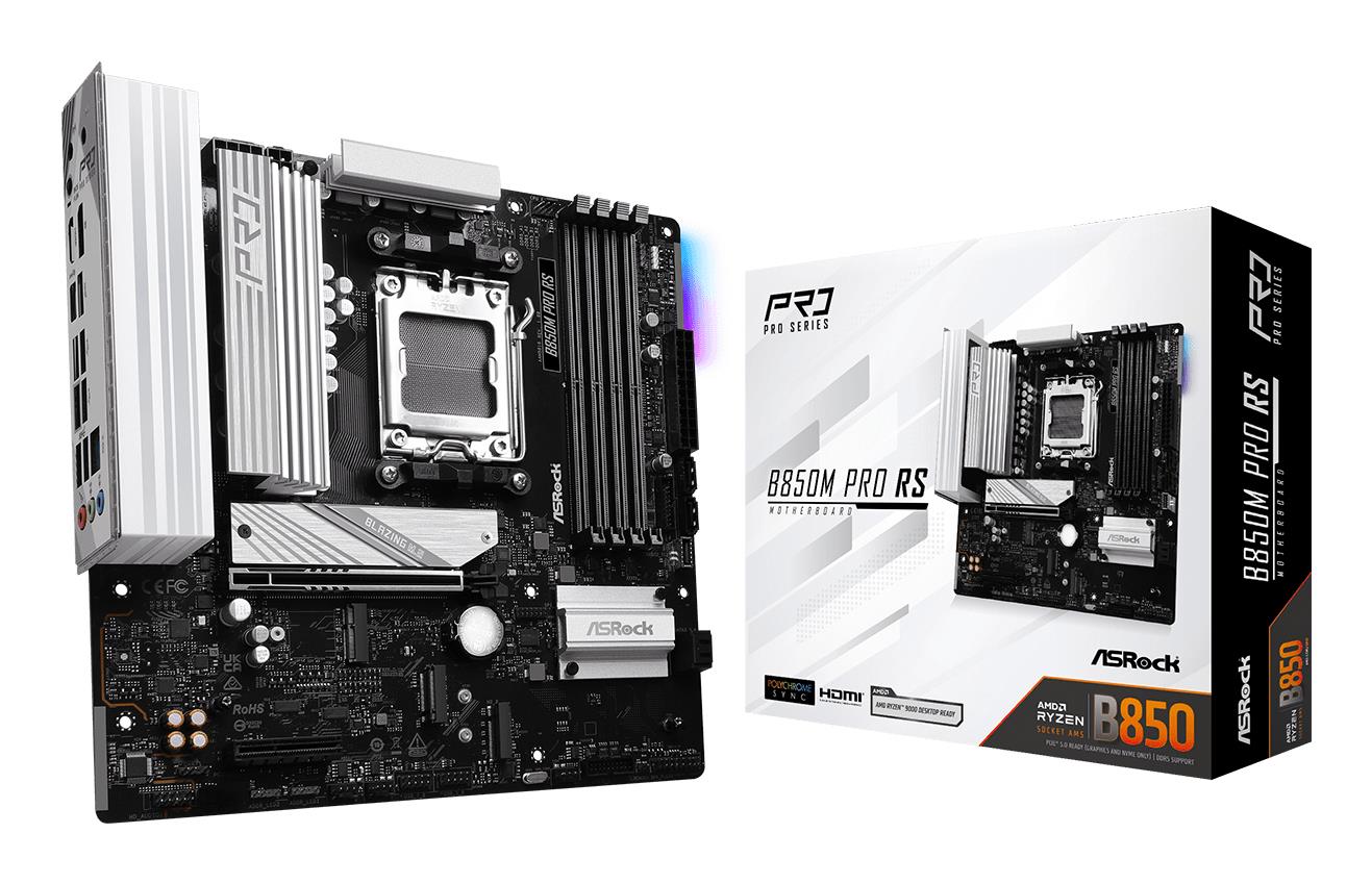 Mainboard ASROCK AMD B850 SAM5 Micro-ATX Memory DDR5 Memory slots 4 1xPCI-Express 4.0 4x 1xPCI-Express 5.0 16x 1xM.2 1xHDMI 1xDisplayPort 1xAudio-In 1xAudio-Out 1xMicrophone 4xUSB 2.0 3xUSB 3.2 1xUSB-C 1xRJ45 B850MPRORS