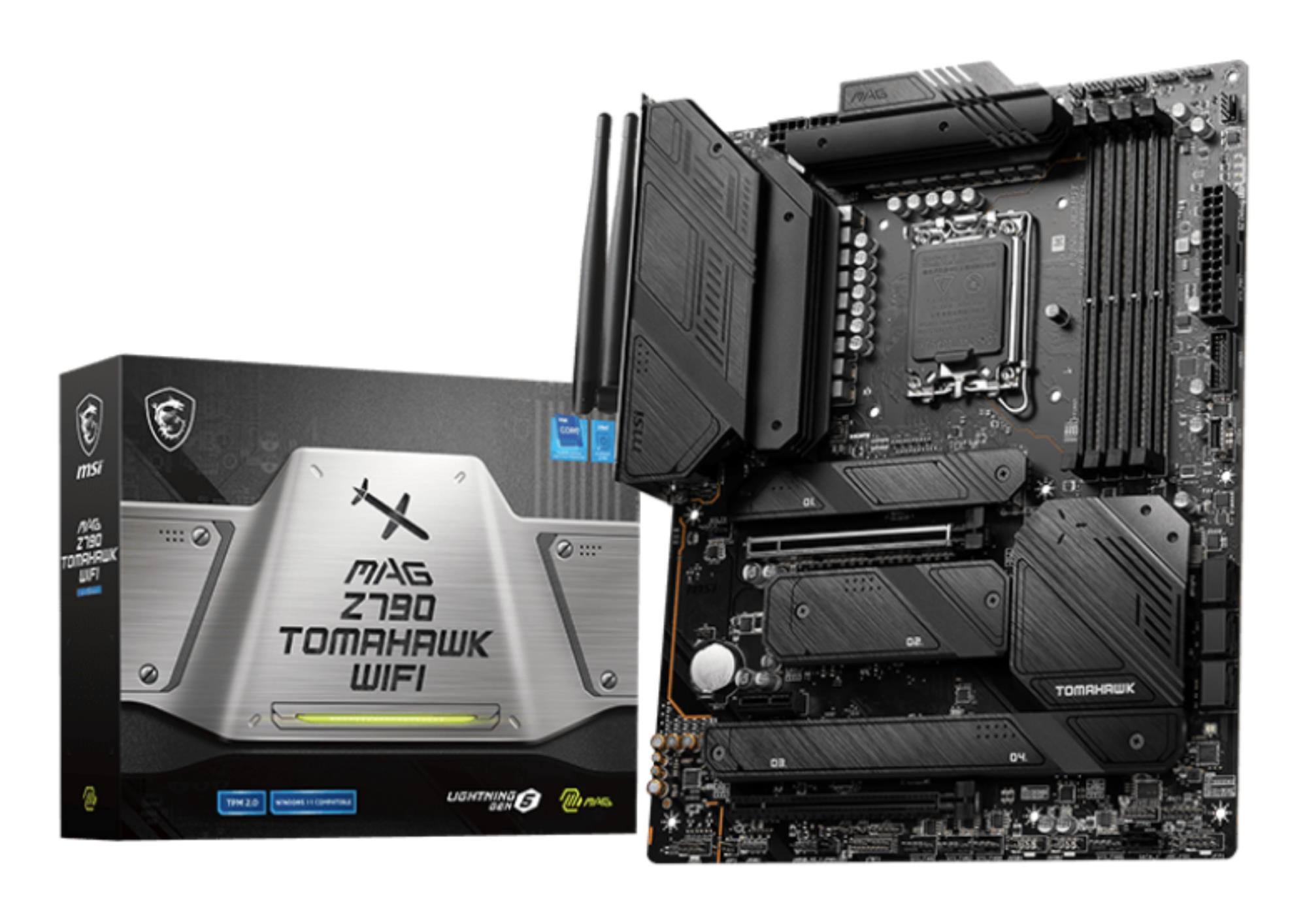 Mainboard MSI Intel Z790 LGA1700 ATX Memory DDR5 Memory slots 4 1xPCI-Express 3.0 1x 2xPCI-Express 5.0 16x 4xM.2 1xHDMI 1xDisplayPort 8xUSB 3.2 2xUSB-C 1xOptical S/PDIF 1xRJ45 5xAudio port MAGZ790TOMAHAWKWIFI