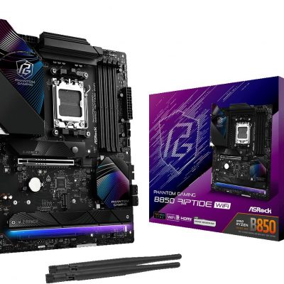 Mainboard ASROCK AMD B850 SAM5 ATX Memory DDR5 Memory slots 4 1xPCI-Express 4.0 16x 1xPCI-Express 5.0 16x 1xM.2 1xHDMI 1xAudio-In 1xAudio-Out 8xUSB 2.0 9xUSB 3.2 3xUSB-C 1xOptical S/PDIF 1xRJ45 B850RIPTIDEWIFI