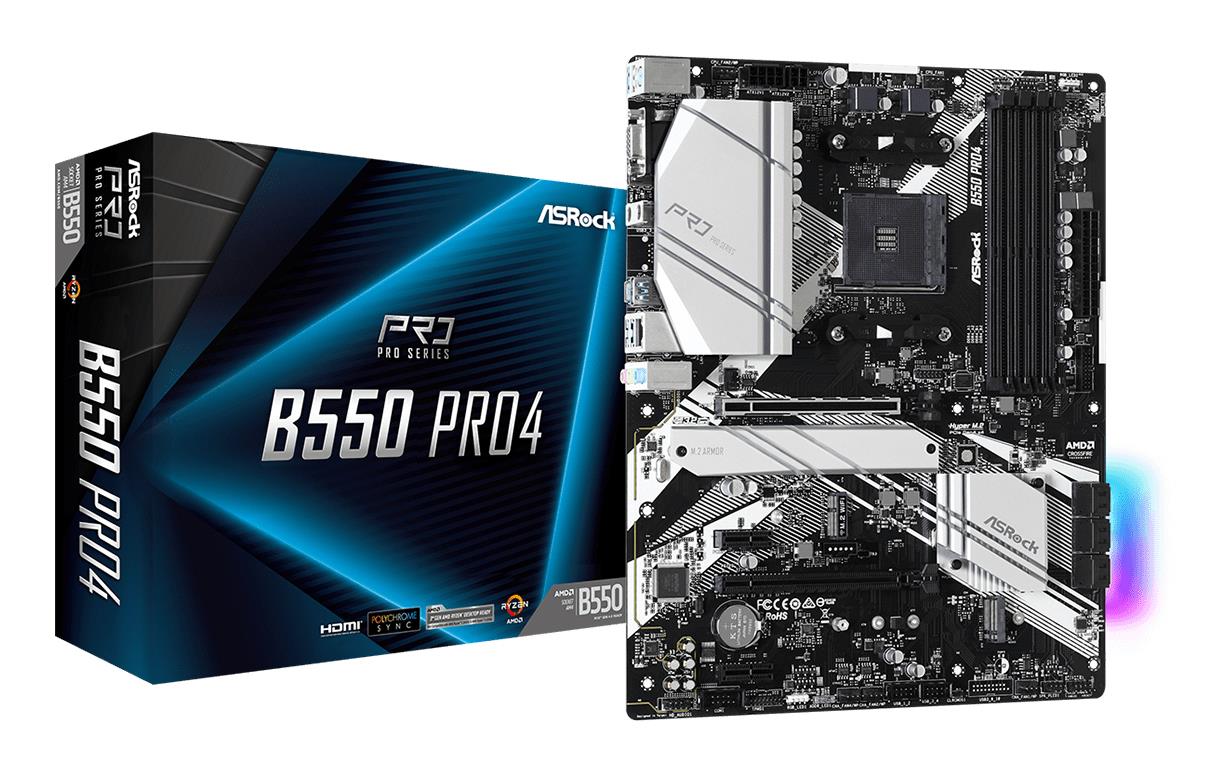 Mainboard ASROCK AMD B550 SAM4 ATX 2xPCI-Express 3.0 1x 1xPCI-Express 3.0 16x 2xM.2 1xPCI-Express 4.0 16x Memory DDR4 Memory slots 4 1x15pin D-sub 1xHDMI 1xUSB type C 5xUSB 3.2 1xPS/2 1xRJ45 3xAudio port B550PRO4