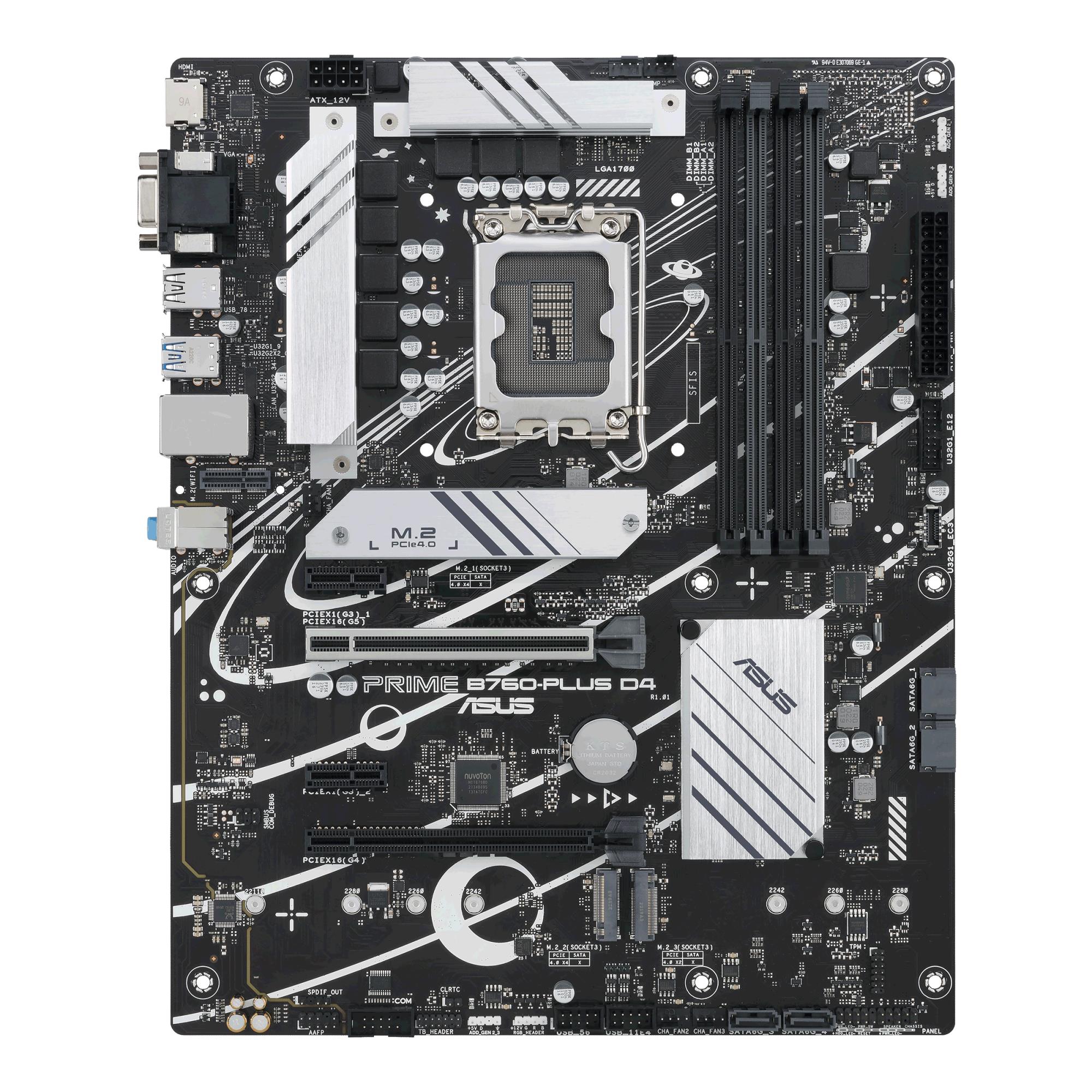Mainboard ASUS Intel B760 Express LGA1700 ATX Memory DDR4 Memory slots 4 2xPCI-Express 3.0 1x 1xPCI-Express 4.0 16x 1xPCI-Express 5.0 16x 3xM.2 1x15pin D-sub 1xHDMI 1xDisplayPort 2xUSB 2.0 3xUSB 3.2 1xUSB-C 1xRJ45 3xAudio port PRIMEB760-PLUSD4