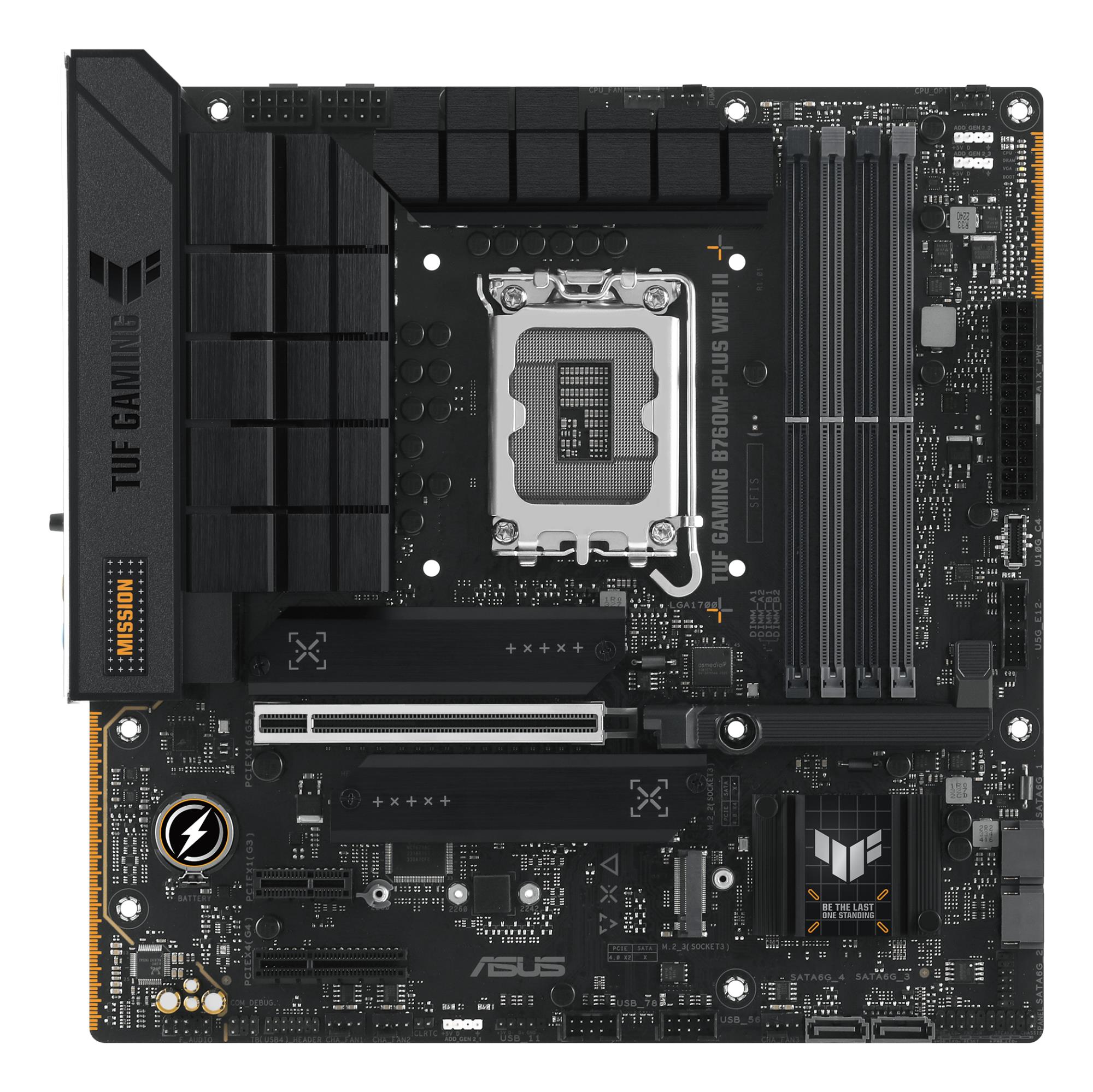 Mainboard ASUS Intel B760 Express LGA1700 Micro-ATX Memory slots 4 1xPCI-Express 3.0 1x 1xPCI-Express 4.0 4x 1xPCI-Express 5.0 16x 3xM.2 1xHDMI 1xDisplayPort 4xUSB 2.0 3xUSB 3.2 1xUSB-C 1xOptical S/PDIF 1xRJ45 5xAudio port TUFGAMINGB760M-PLUS