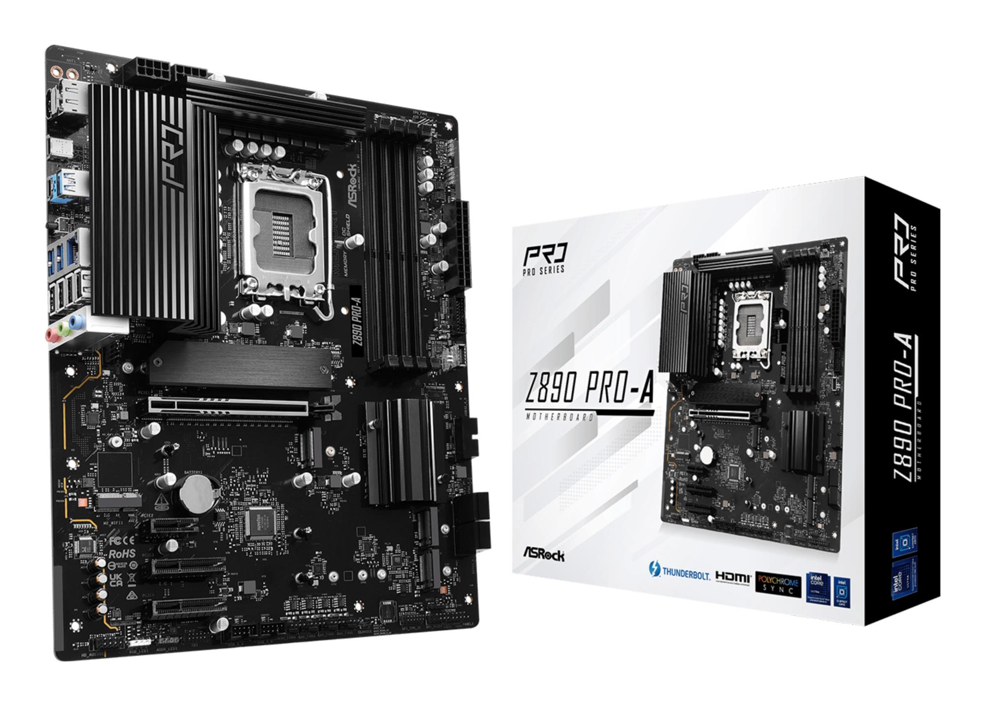Mainboard ASROCK Intel Z890 LGA1851 ATX Memory DDR5 Memory slots 4 1xPCI-Express 4.0 1x 2xPCI-Express 4.0 4x 1xPCI-Express 5.0 16x 1xM.2 1xHDMI 1xDisplayPort 4xUSB 2.0 2xUSB 3.2 type B 1xUSB 3.2 1xUSB-C 1xUSB-C w/Thunderbolt 1xRJ45 3xAudio port Z890PRO-A