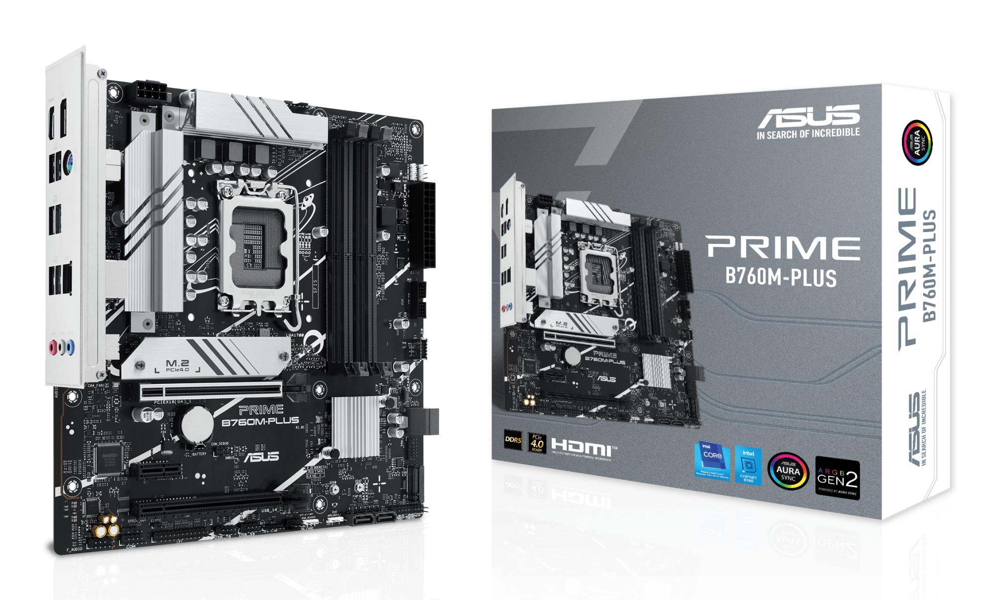 Mainboard ASUS Intel B760 Express LGA1700 Micro-ATX Memory DDR5 Memory slots 4 1xPCI-Express 4.0 1x 2xPCI-Express 4.0 16x 2xM.2 1xHDMI 1xDisplayPort 4xUSB 2.0 2xUSB 3.2 1xPS/2 1xRJ45 3xAudio port PRIMEB760M-PLUS
