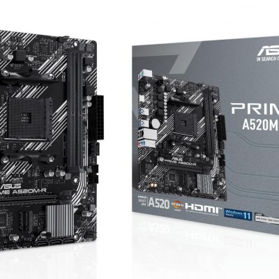 Mainboard ASUS AMD A520 SAM4 Micro-ATX Memory DDR4 Memory slots 2 1xPCI-Express 3.0 1x 1xPCI-Express 3.0 16x 1xM.2 1xHDMI 2xUSB 2.0 4xUSB 3.1 2xPS/2 1xRJ45 3xAudio port PRIMEA520M-R
