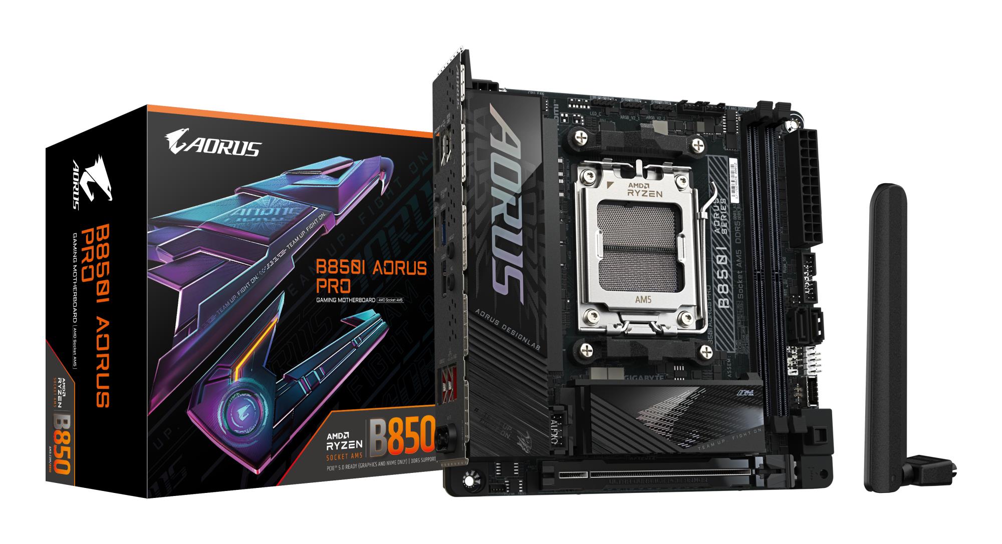 Mainboard GIGABYTE AMD B850 SAM5 Mini-ITX Memory DDR5 Memory slots 2 1xPCI-Express 16x 2xM.2 1xHDMI 2xUSB 2.0 2xUSB 3.2 type B 2xUSB 3.2 1xUSB-C 1xRJ45 2xAudio port B850IAORUSPRO