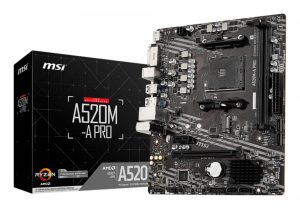 Mainboard MSI AMD A520 SAM4 MicroATX 1xPCI-Express 3.0 1x 1xPCI-Express 3.0 16x 1xM.2 Memory DDR4 Memory slots 2 1xDVI 1xHDMI 2xAudio-Out 2xUSB 2.0 4xUSB 3.2 1xRJ45 A520M-APRO