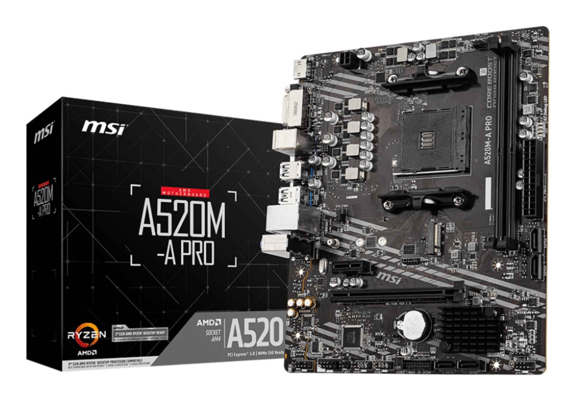 Mainboard MSI AMD A520 SAM4 MicroATX 1xPCI-Express 3.0 1x 1xPCI-Express 3.0 16x 1xM.2 Memory DDR4 Memory slots 2 1xDVI 1xHDMI 2xAudio-Out 2xUSB 2.0 4xUSB 3.2 1xRJ45 A520M-APRO