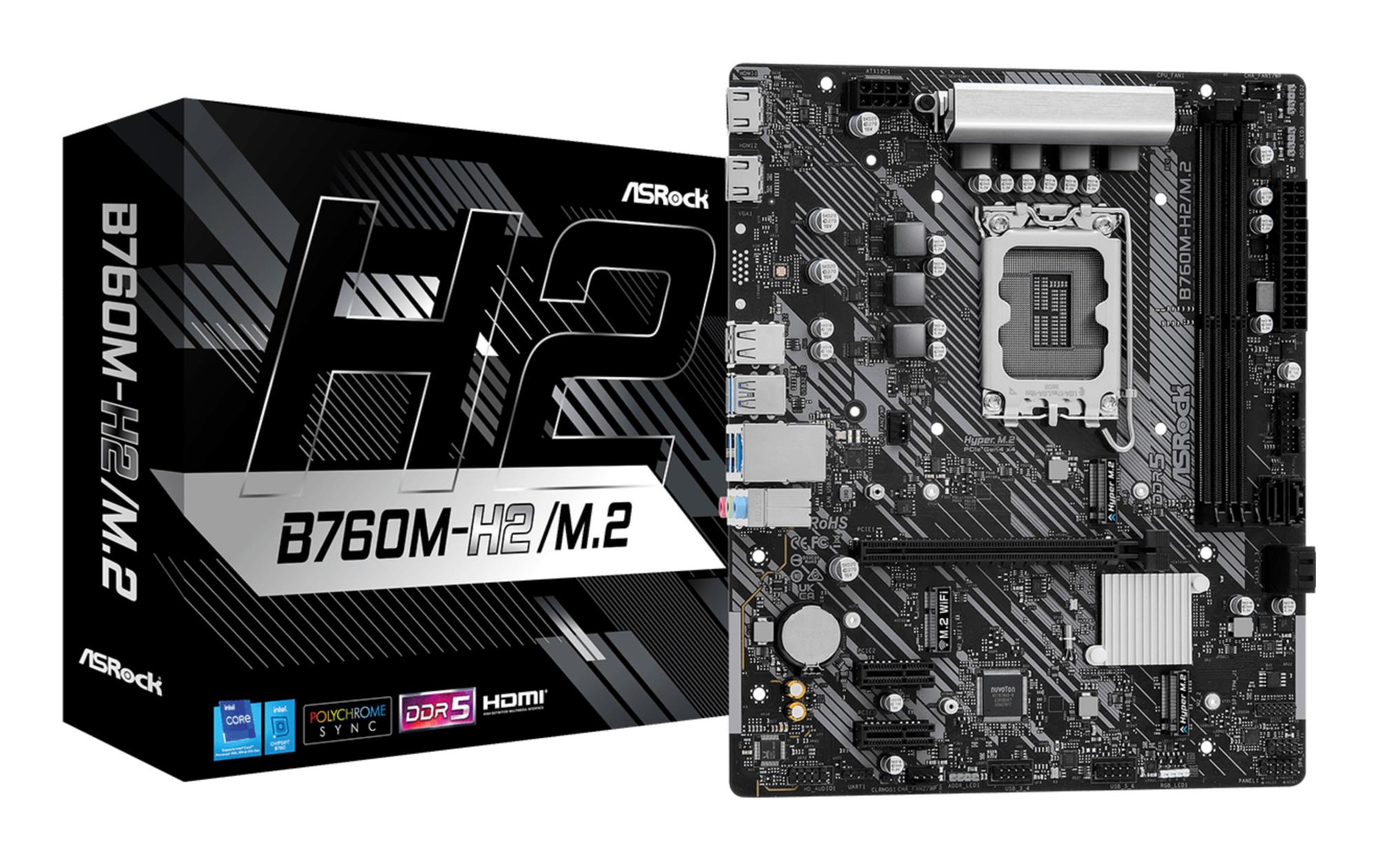 Mainboard ASROCK Intel B760 Express LGA1700 Micro-ATX Memory DDR5 Memory slots 2 2xPCI-Express 3.0 1x 1xPCI-Express 4.0 16x 3xM.2 2xHDMI 2xUSB 2.0 4xUSB 3.2 1xRJ45 3xAudio port B760M-H2/M.2