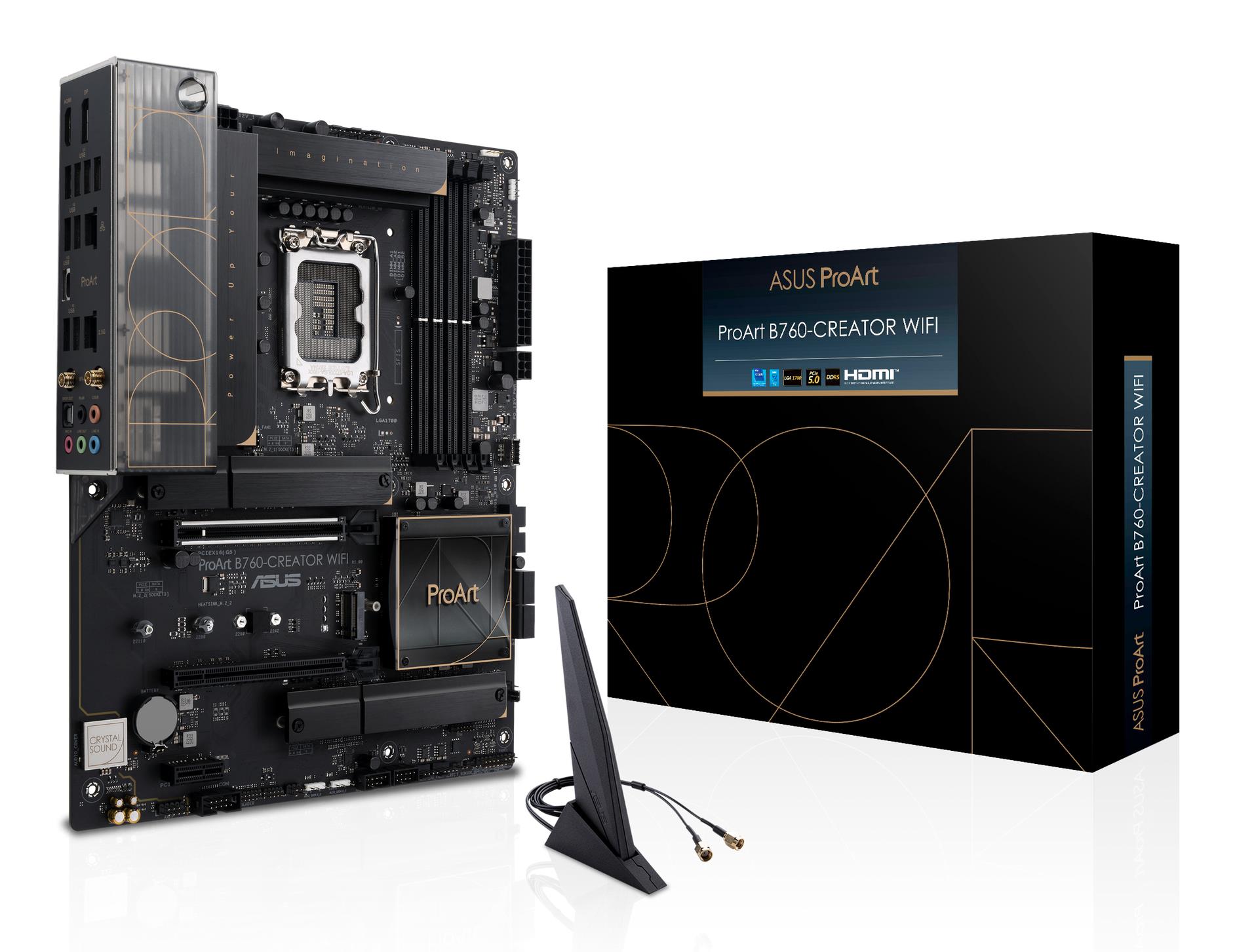 Mainboard ASUS Intel B760 Express LGA1700 ATX Memory DDR5 Memory slots 4 1xPCI-Express 3.0 1x 1xPCI-Express 4.0 16x 1xPCI-Express 5.0 16x 3xM.2 1xHDMI 1xDisplayPort 4xUSB 2.0 5xUSB 3.2 1xUSB-C 1xOptical S/PDIF 2xRJ45 5xAudio port PROARTB760-CREATORWIFI