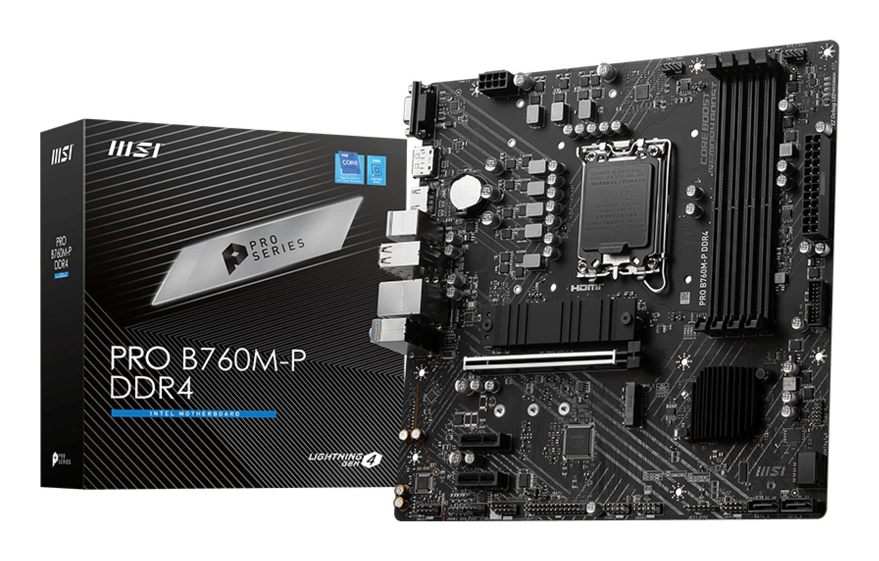 Mainboard MSI Intel B760 Express LGA1700 Micro-ATX Memory DDR4 Memory slots 4 2xPCI-Express 1x 1xPCI-Express 16x 2xM.2 1x15pin D-sub 1xHDMI 1xDisplayPort 4xUSB 2.0 1xUSB 3.2 1xUSB-C 2xPS/2 1xRJ45 3xAudio port PROB760M-PDDR4