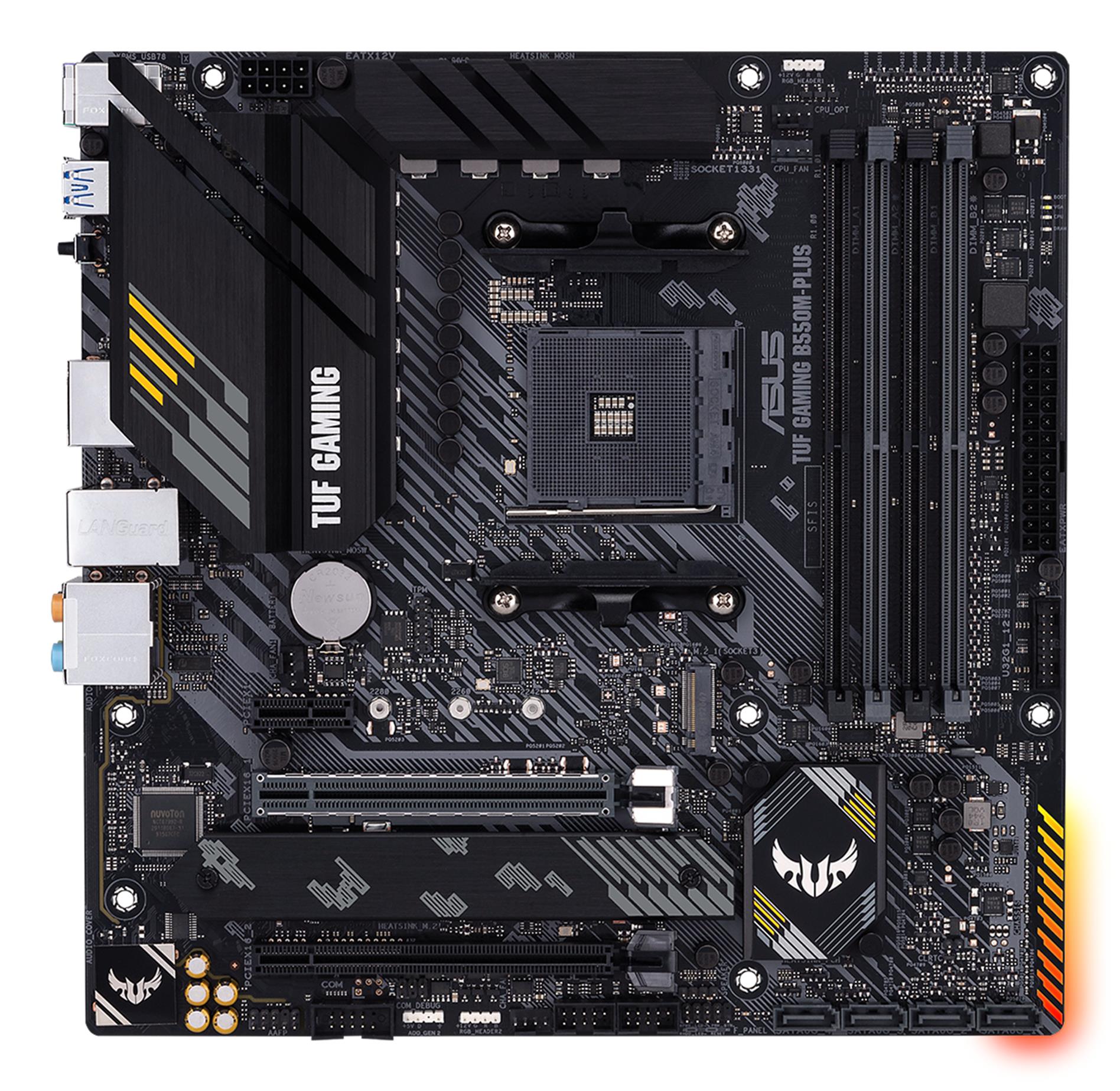 Mainboard ASUS AMD B550 SAM4 MicroATX 1xPCI-Express 3.0 1x 1xPCI-Express 3.0 16x 2xM.2 1xPCI-Express 4.0 16x Memory DDR4 Memory slots 4 1xHDMI 1xDisplayPort 2xUSB 2.0 1xUSB type C 5xUSB 3.2 1xPS/2 1xOptical S/PDIF 1xRJ45 5xAudio port TUFGAMINGB550M-PLUS