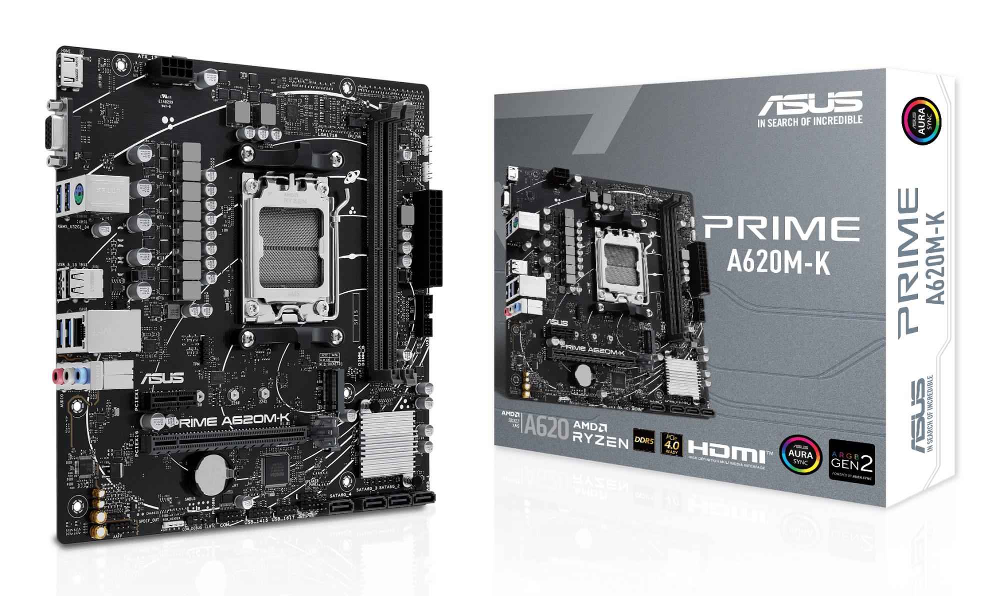 Mainboard ASUS AMD A620 Micro-ATX Memory DDR5 Memory slots 2 1xPCI-Express 3.0 1x 1xPCI-Express 4.0 16x 1xM.2 1x15pin D-sub 1xHDMI 2xUSB 2.0 4xUSB 3.2 1xPS/2 1xRJ45 3xAudio port PRIMEA620M-K