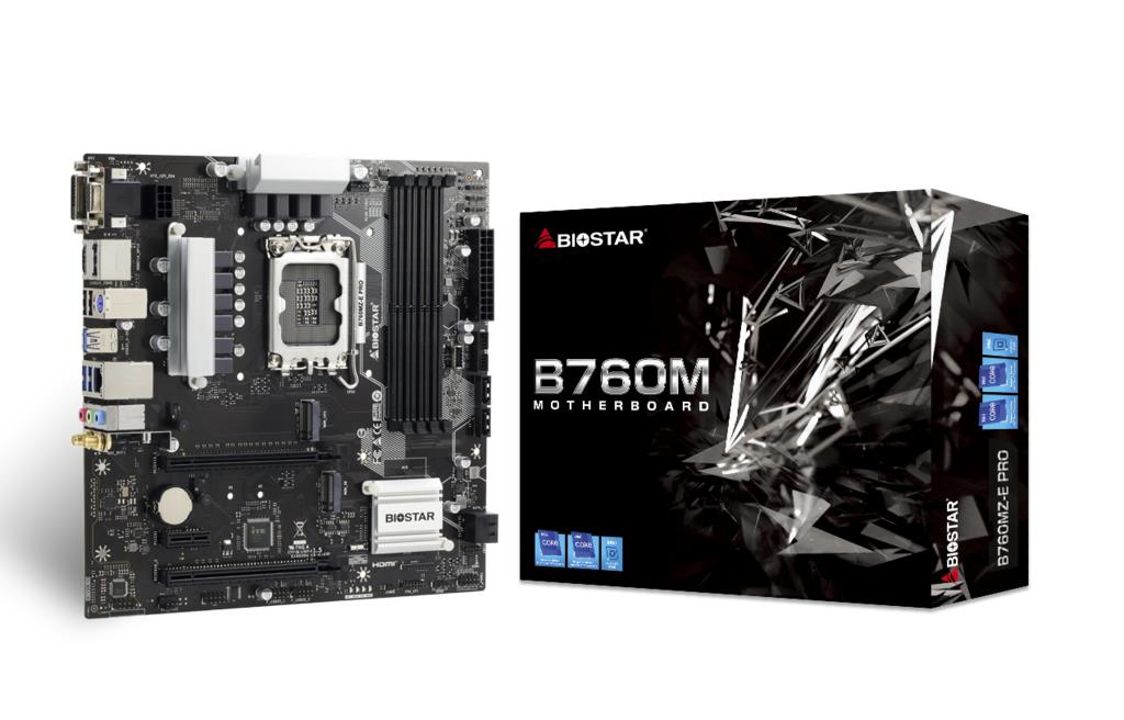 Mainboard BIOSTAR Intel B760 Express LGA1700 Micro-ATX Memory DDR5 Memory slots 4 1xPCI-Express 3.0 1x 1xPCI-Express 3.0 16x 1xPCI-Express 4.0 16x 2xM.2 1x15pin D-sub 1xDVI-D 1xHDMI 1xDisplayPort 2xUSB 2.0 3xUSB 3.2 1xRJ45 3xAudio port B760MZ-EPRO