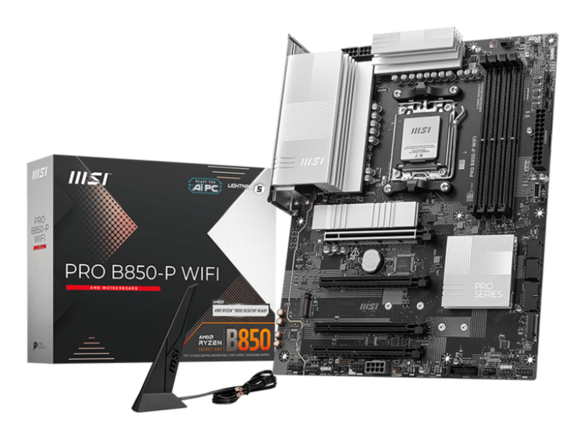 Mainboard MSI AMD B850 SAM5 ATX Memory DDR5 Memory slots 4 4xPCI-Express 16x 3xM.2 1xHDMI 1xAudio-In 1xAudio-Out 4xUSB 2.0 2xUSB 3.2 2xUSB-C 1xOptical S/PDIF 1xRJ45 PROB850-PWIFI